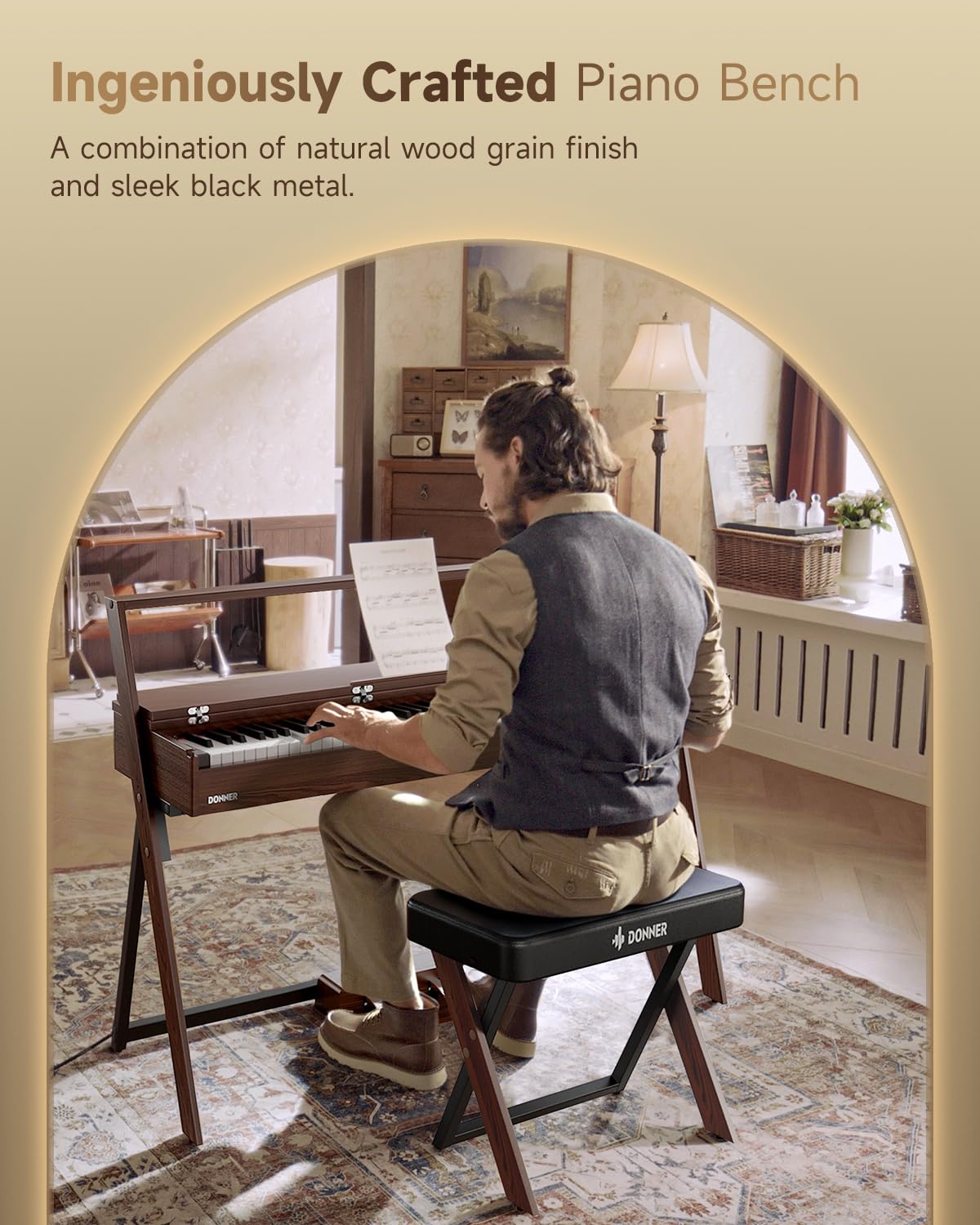 Donner DKB-300 Adjustable Piano Bench with Thick Padding - Sturdy Metal Keyboard Stool Chair with Comfortable Cushion in Walnut Wood Finish - Perfect for Home, Studio & Music Practice Sessions