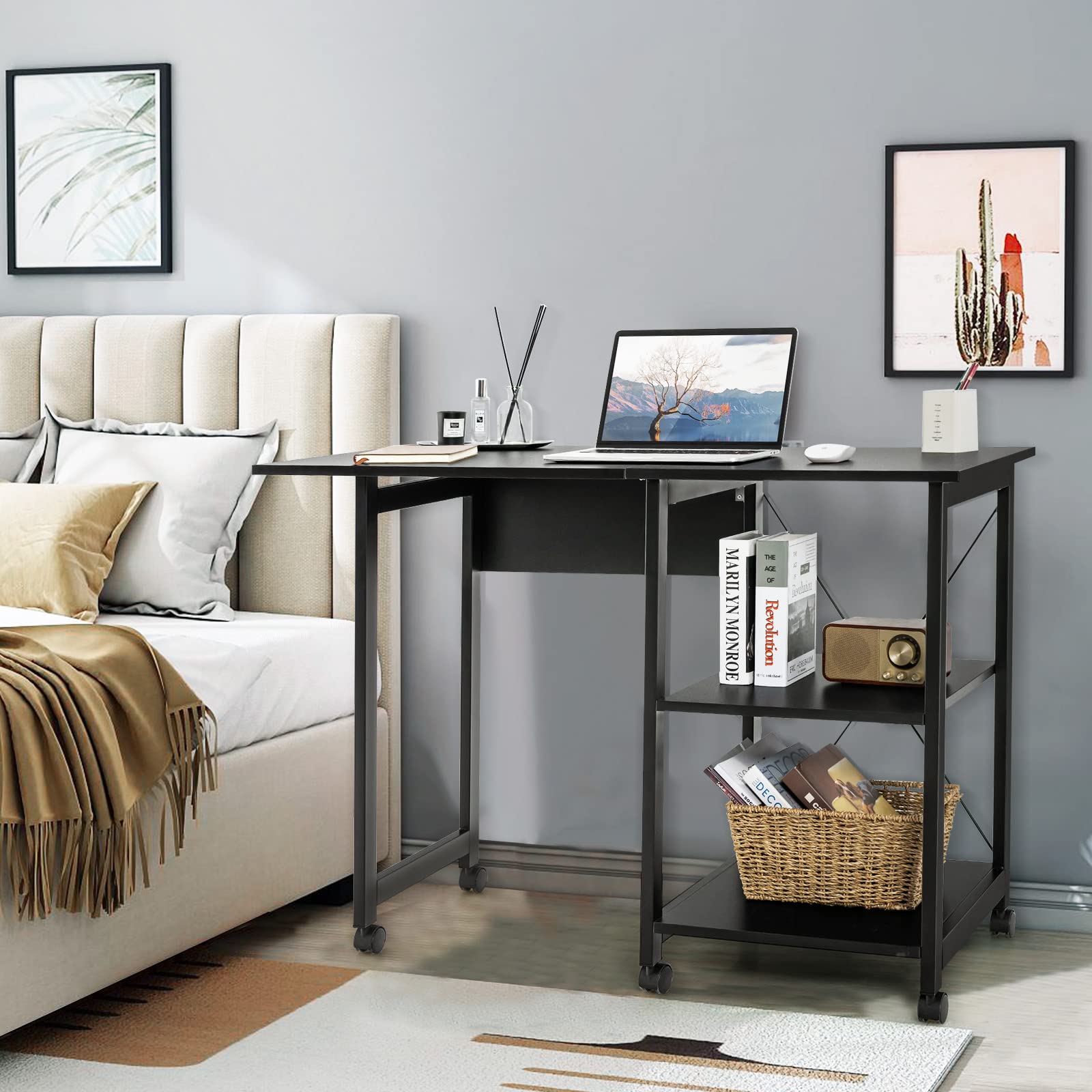 Tangkula Folding Computer Desk with 2-Tier Storage Shelves - Modern Mobile Laptop Workstation with 6 Wheels, Space Saving Home Office Desk for Small Spaces & Apartments (Black) - Perfect for Remote Work, Study & Compact Living Areas