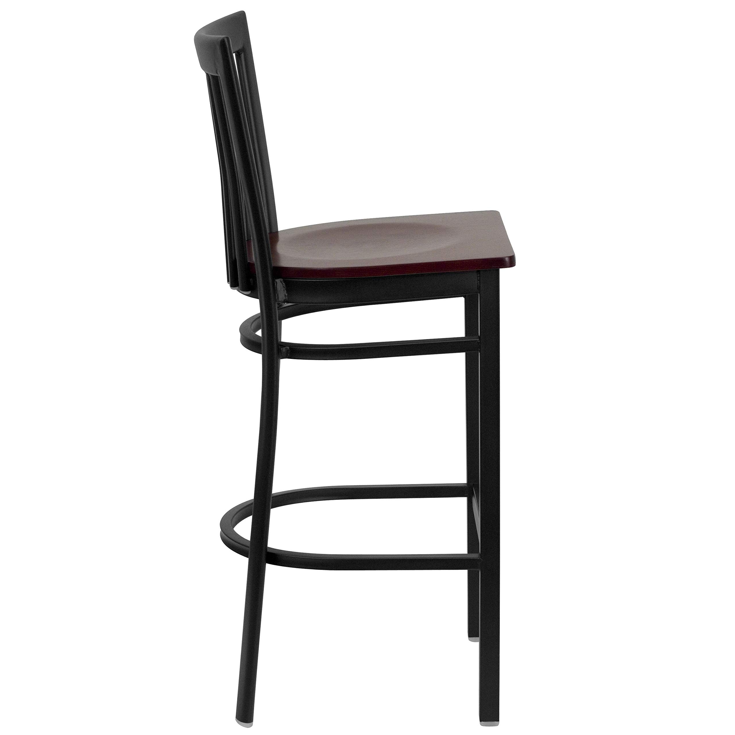 2 Pack Black Metal Bar Stools with Mahogany Wood Seat - Vintage Schoolhouse Style for Restaurant, Cafe & Home Bar Counter - Perfect for Dining, Kitchen Island & Breakfast Nook