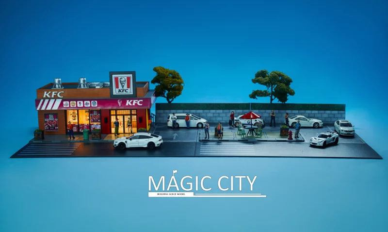 Magic City 1:64 Scale Restaurant & Parking Lot Diorama Set - Perfect for Model Train Layouts, Toy Car Displays & Collectible Scenes