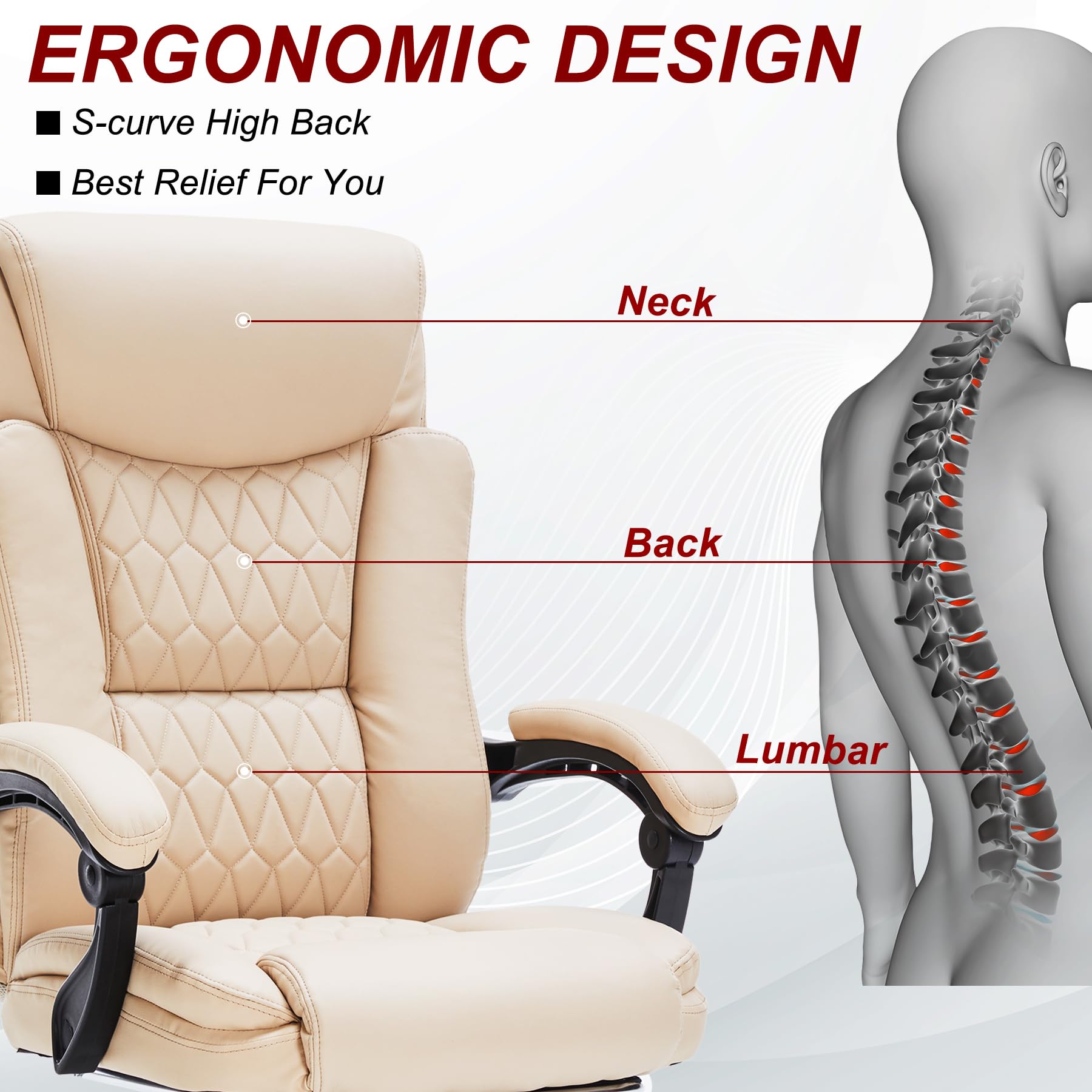 400lbs Heavy Duty Executive Office Chair with Footrest - Big & Tall Ergonomic Reclining Chair for Home Office - Comfortable Desk Chair for Heavy People (Khaki) - Perfect for Long Work Hours & Back Support