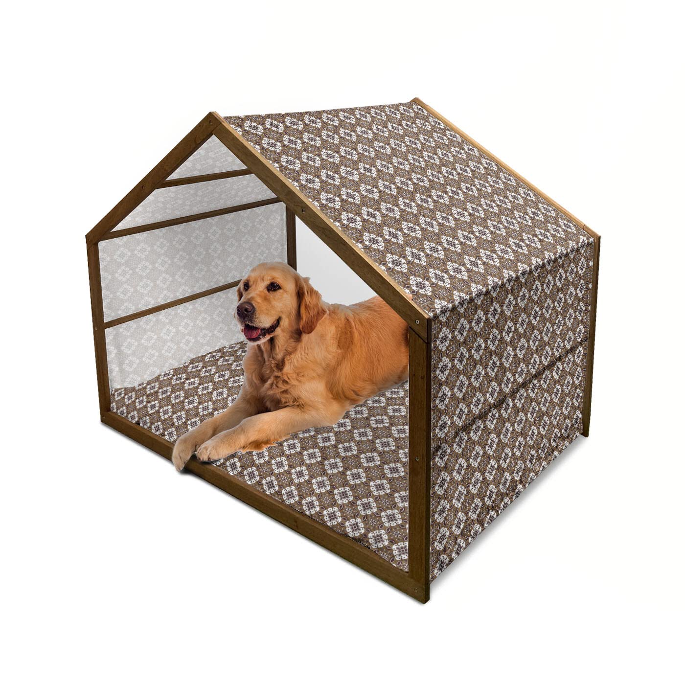 Ambesonne Chocolate Wooden Dog House - Large Indoor & Outdoor Portable Dog Kennel with Pillow & Cover, Brown Batik Floral Pattern - Perfect for Backyard, Patio, or Home Decor (2X-Large, Dark Brown/White/Brown)