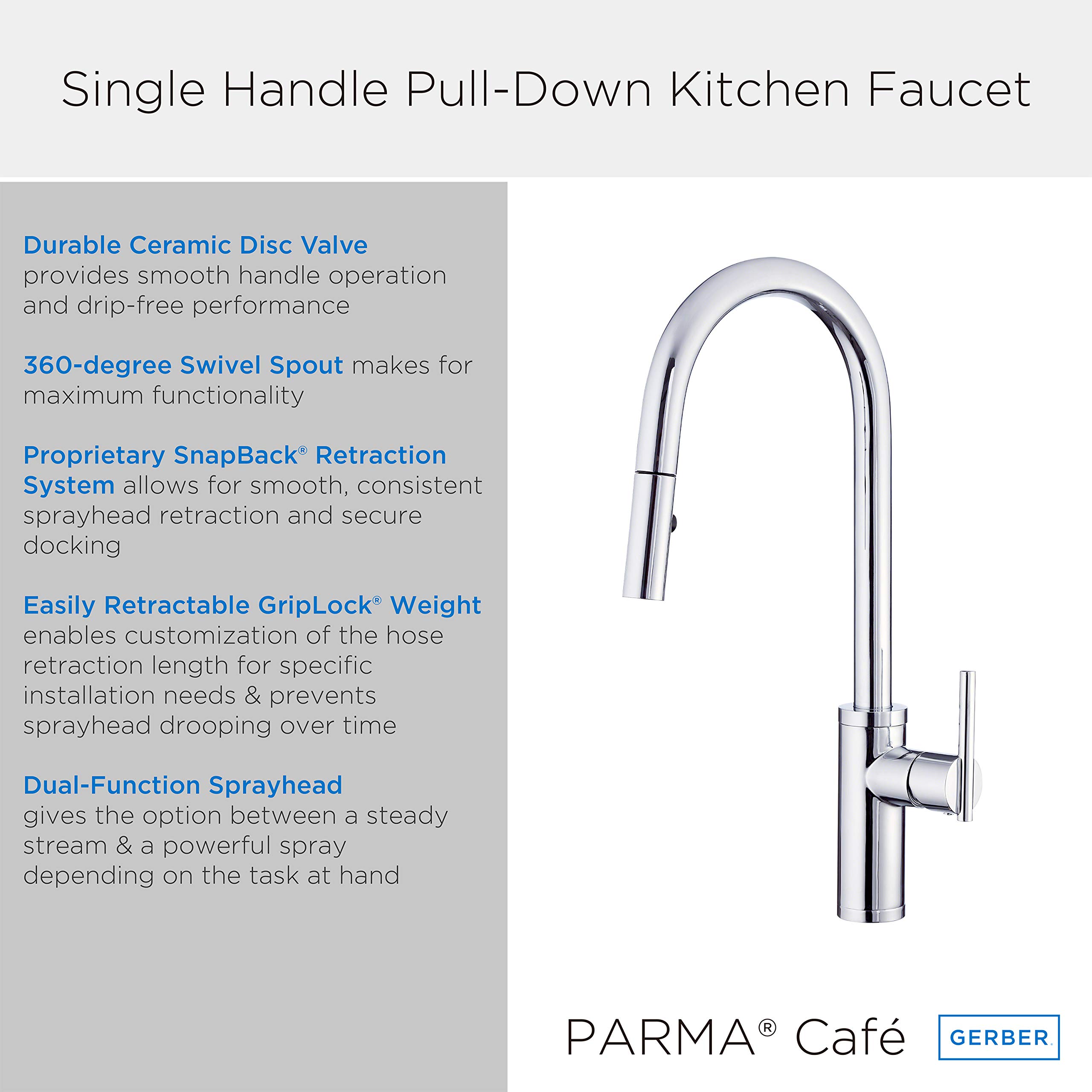 Gerber Parma Cafe Pull Down Kitchen Faucet - Stainless Steel Single Handle Commercial Style Sink Faucet with High Arc Spout for Restaurants & Home Kitchens