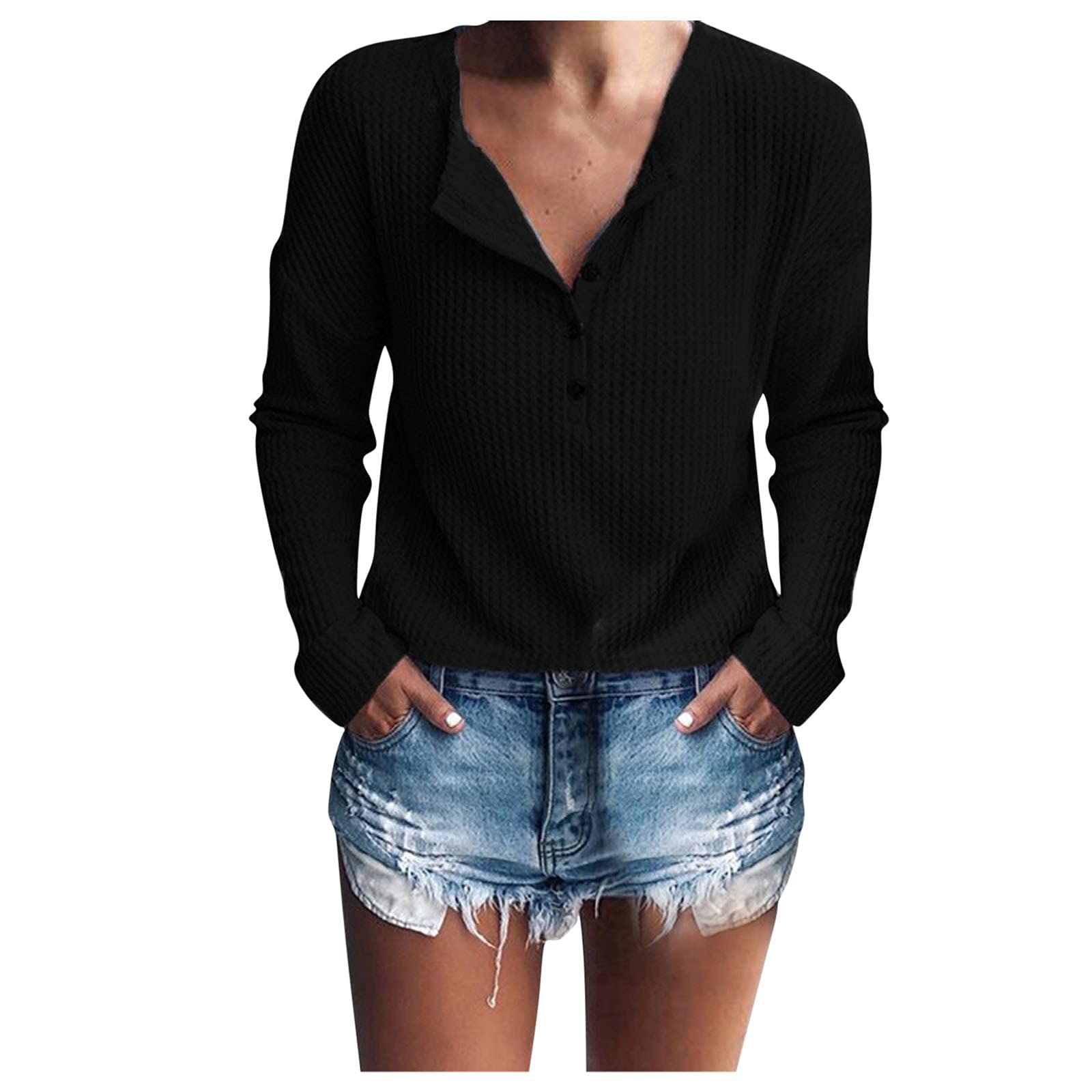 HDgTSA Women's V-Neck Long Sleeve Waffle Knit Pullover Sweater - Loose Fit Warm Casual Top for Fall & Winter Layering | Office, Travel, Weekend Outfits