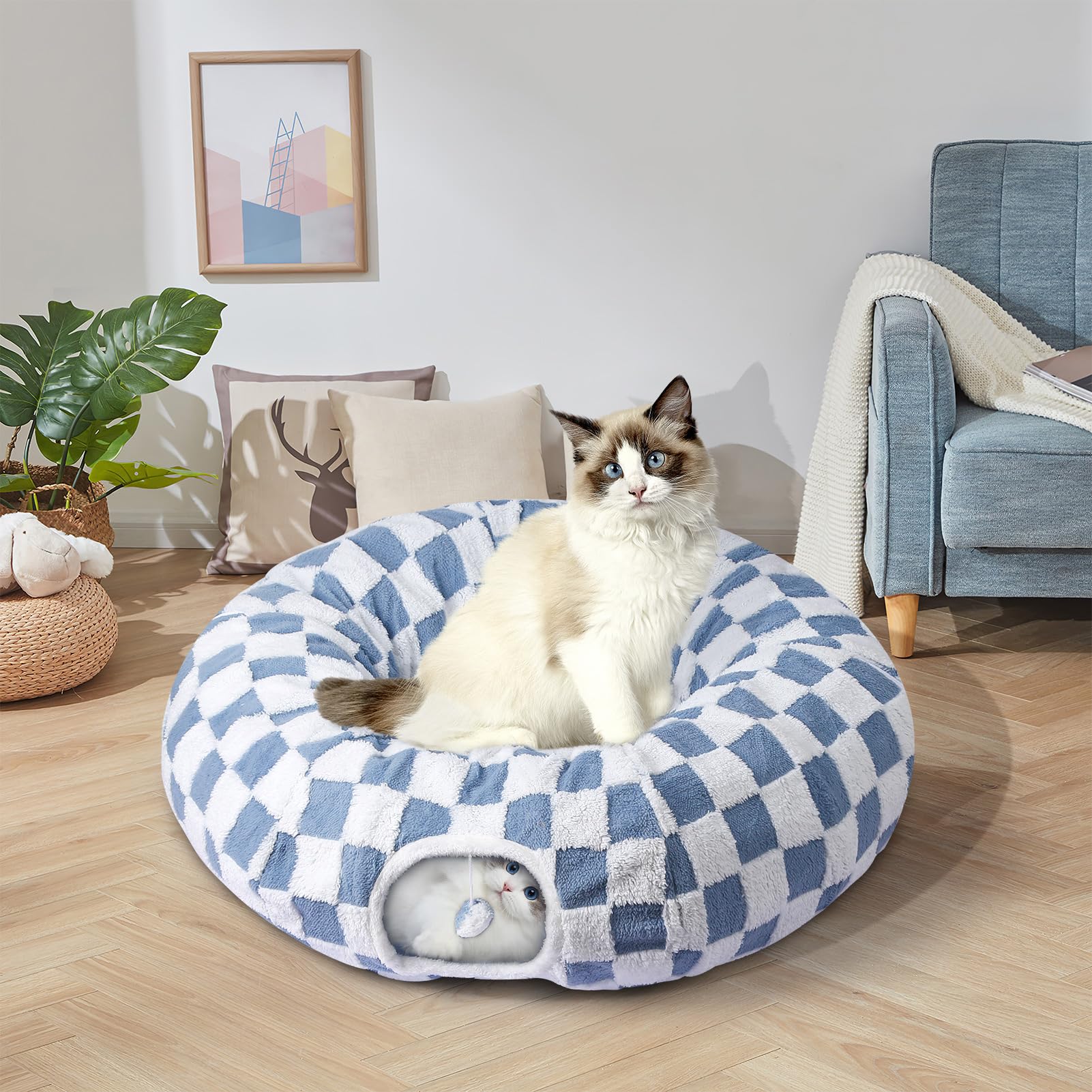 **Maansfy Large Peekaboo Cat Cave & Donut Tunnel - Interactive Cat Toy for Indoor Play, Multifunctional Round Pet Play Tube for Kittens & Medium/Large Cats (Blue) - Perfect for Hideaways, Playtime & Nap Time**