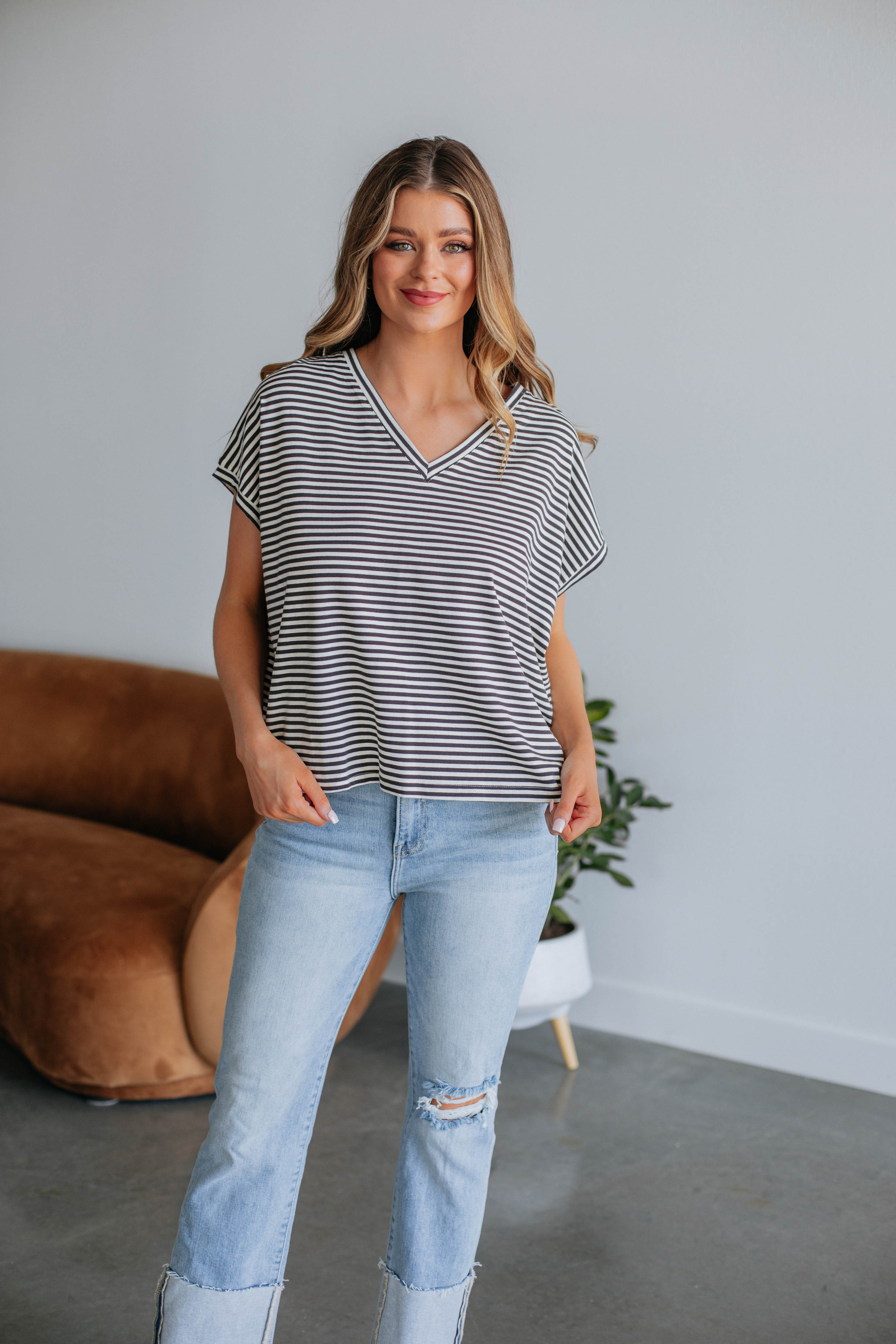 Calvin Striped Top for Women - Charcoal Gray Casual Long Sleeve Shirt | Perfect for Office, Date Night & Everyday Wear