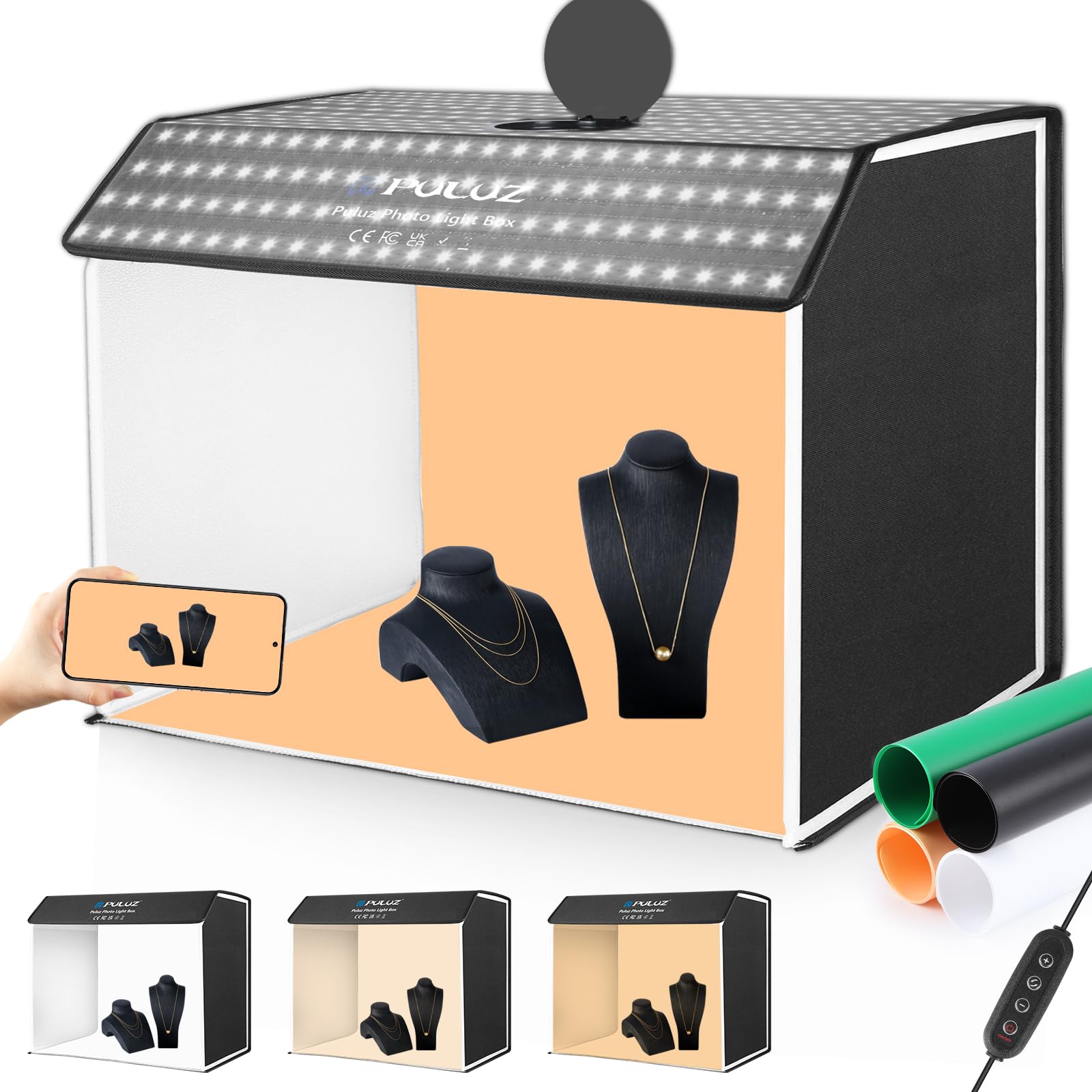 PULUZ 24x16in Professional Photography Light Box with 672 LED Lights & 4 Color Backdrops - Portable Photo Studio Lighting Tent Kit for Product Photography, Jewelry, Cosmetics, and E-commerce Listings