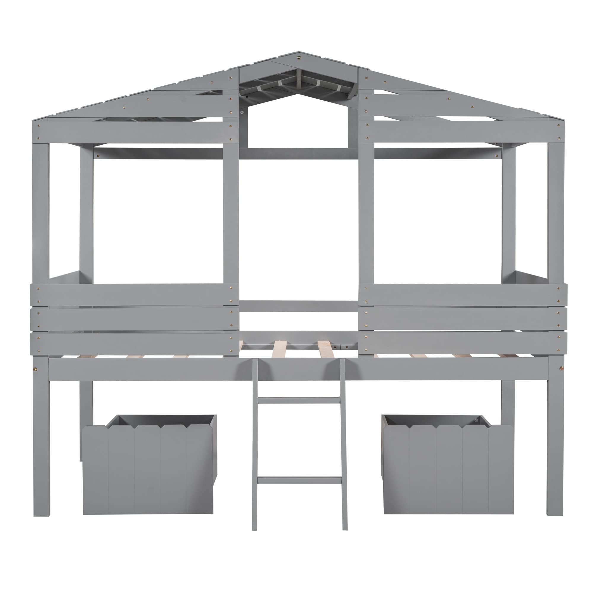 Harper & Bright Designs Twin Size Wood Loft House Bed with 2 Drawers, Storage, Ladder & Roof - Grey Kids & Teens Bed Frame with Windows, No Box Spring Needed - Perfect for Small Bedrooms, Dorm Rooms & Kids' Play Areas