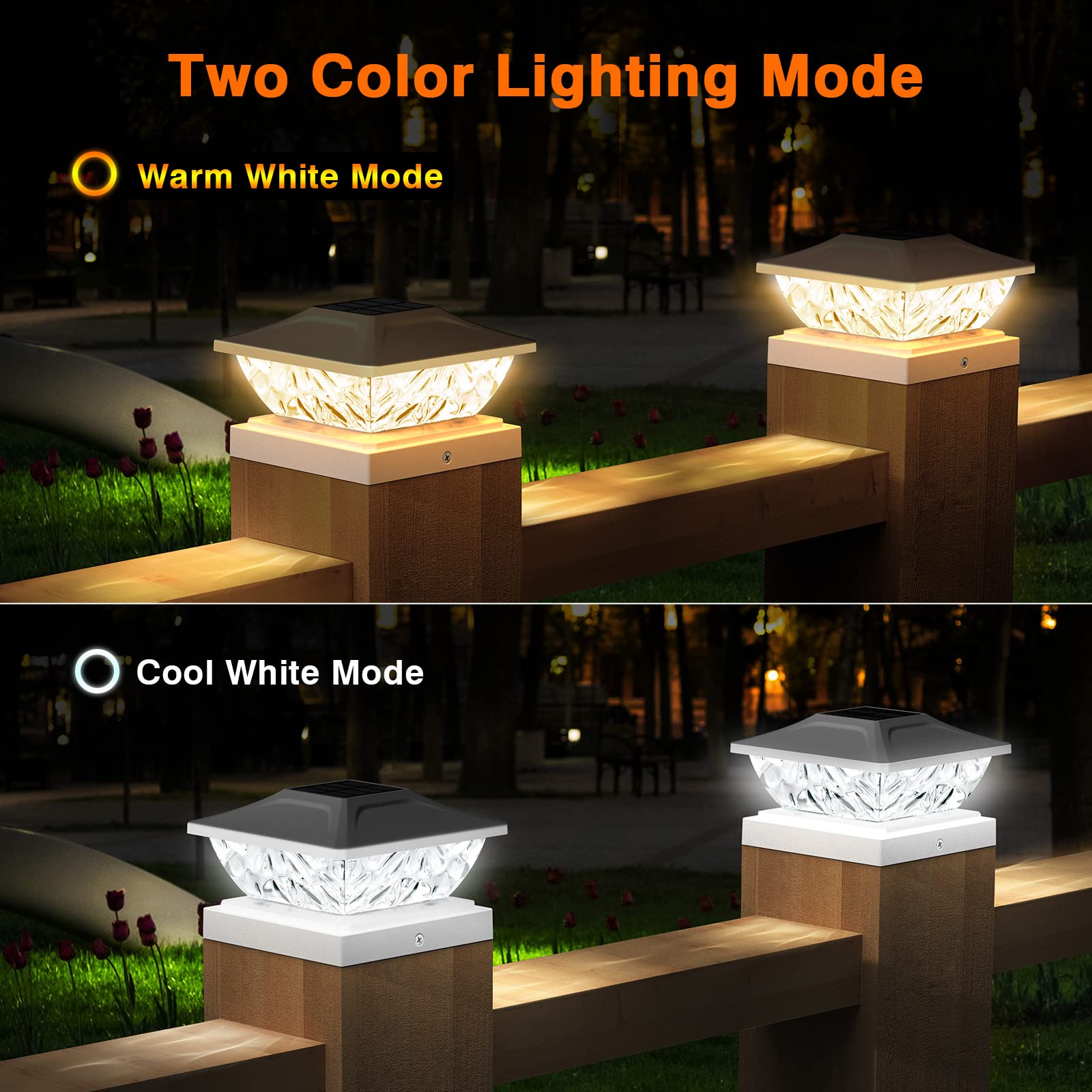 Solar Post Cap Lights Outdoor - 2 Pack, Waterproof Solar Powered Fence & Deck Lights with 2 Brightness Modes for 4x4/4.5x4.5/5x5 Wooden Posts - Perfect for Garden, Patio, Pathway & Backyard Lighting