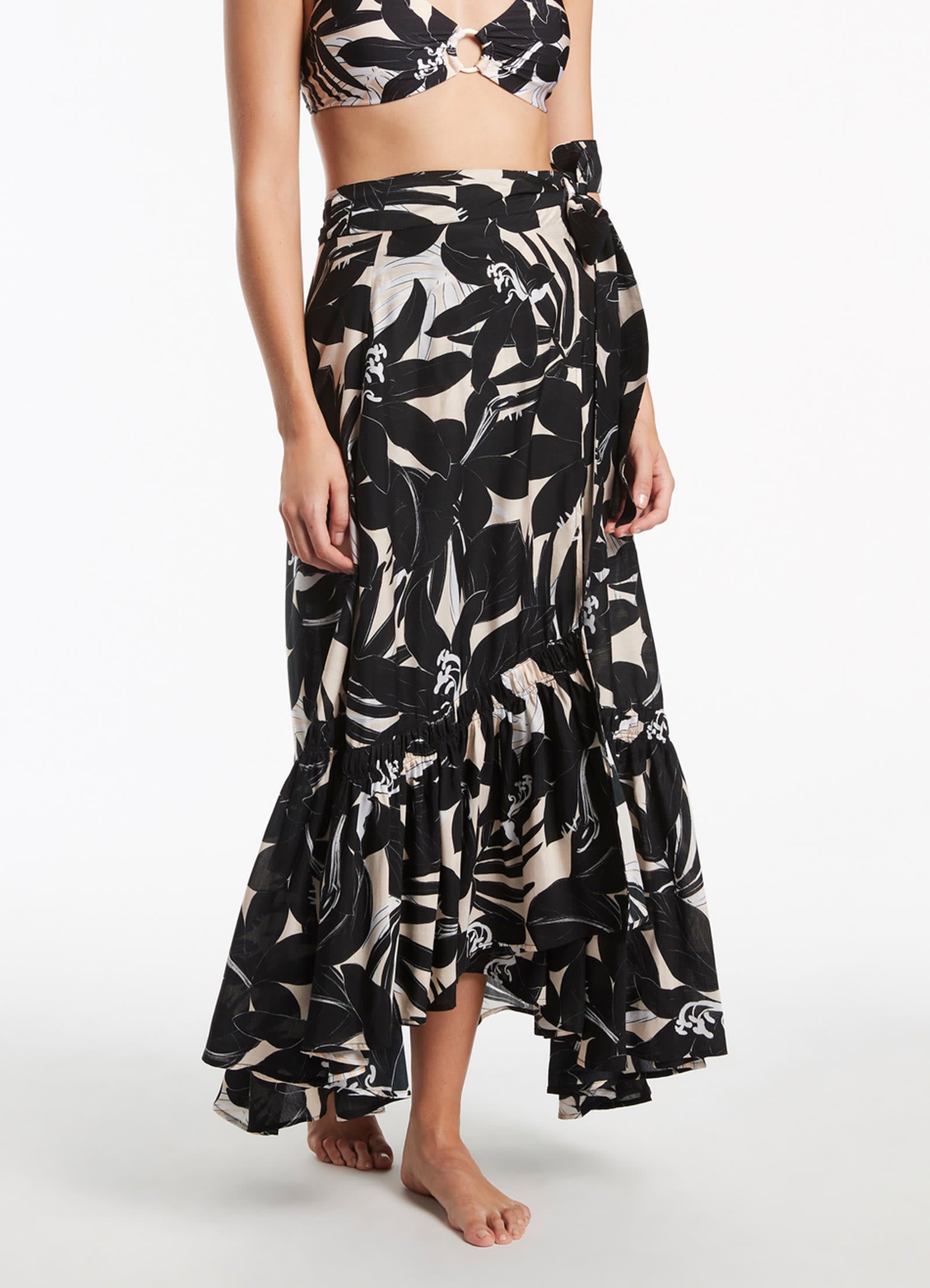 Floral Ruffle Wrap Skirt for Women - Elegant Black Summer Skirt with Side Tie | Perfect for Beach, Vacation, and Casual Outfits