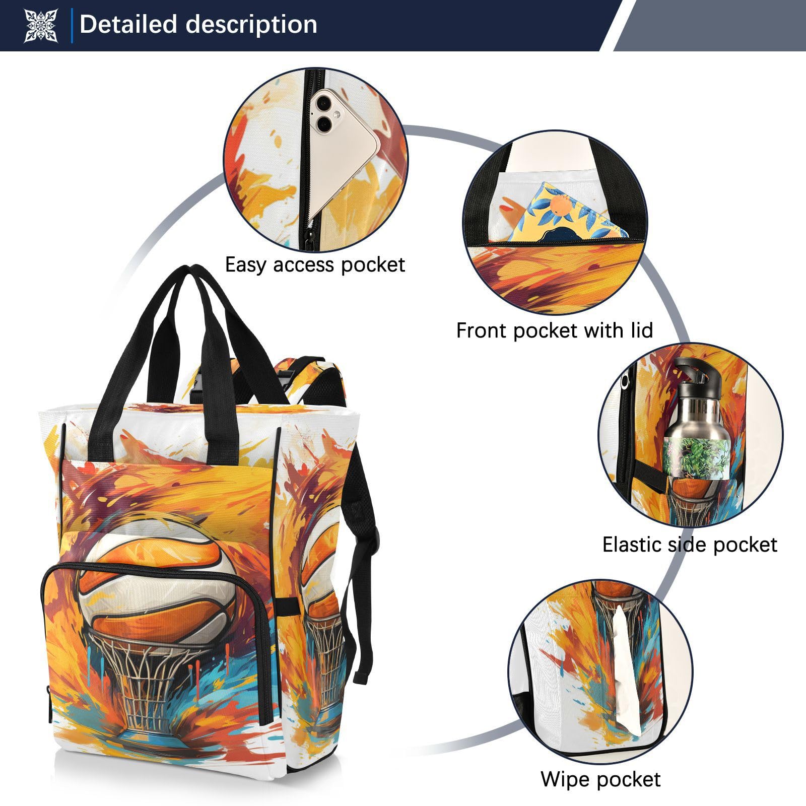 Stylish Multifunctional Diaper Backpack for Moms - Large Capacity Lightweight Travel Baby Bag with Basketball Art Design, Perfect for Sports, Outings & Daily Use