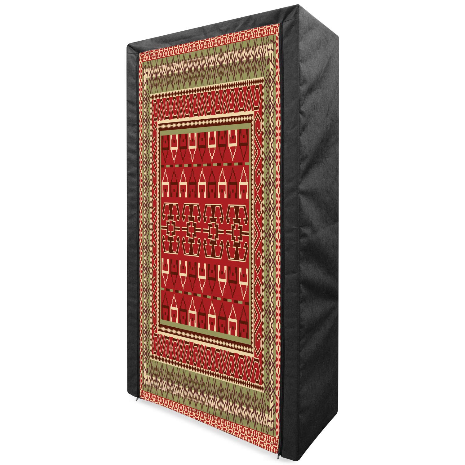 Ambesonne Turkish Pattern Portable Fabric Wardrobe - Ottoman Inspired Clothing Organizer with Rectangular Frames & Abstract Shapes - 33.5 Inch Storage Closet with Shelves in Pistachio Green & Brown - Perfect for Bedroom, Closet, Dorm, or Apartment Organization