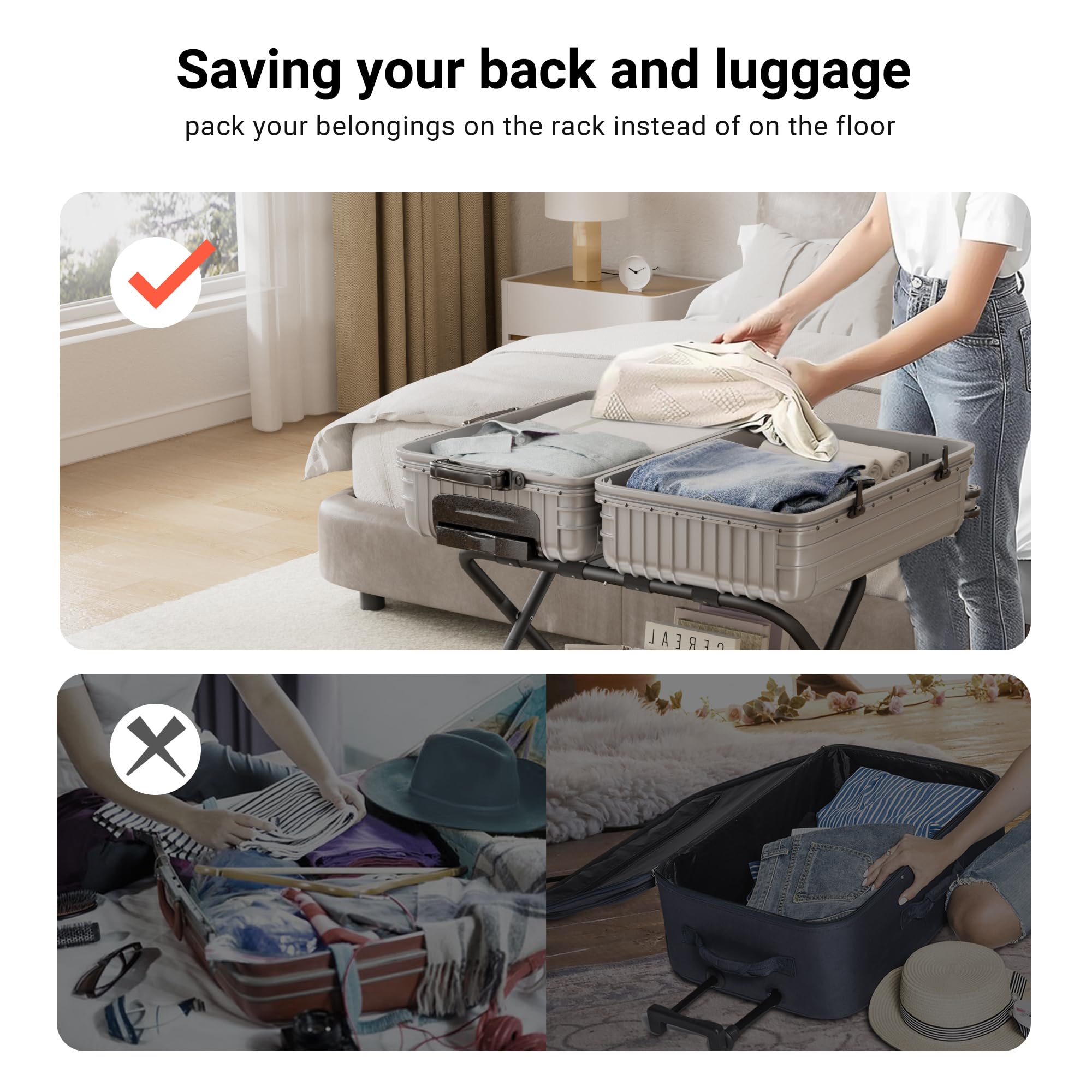 Dunatou Folding Luggage Rack with Storage Shelf - Heavy Duty 200 lb Capacity - Space Saving Suitcase Stand for Hotel Bedroom, Guest Room & Home Use - Sturdy Black Travel Organizer for Suitcases & Bags