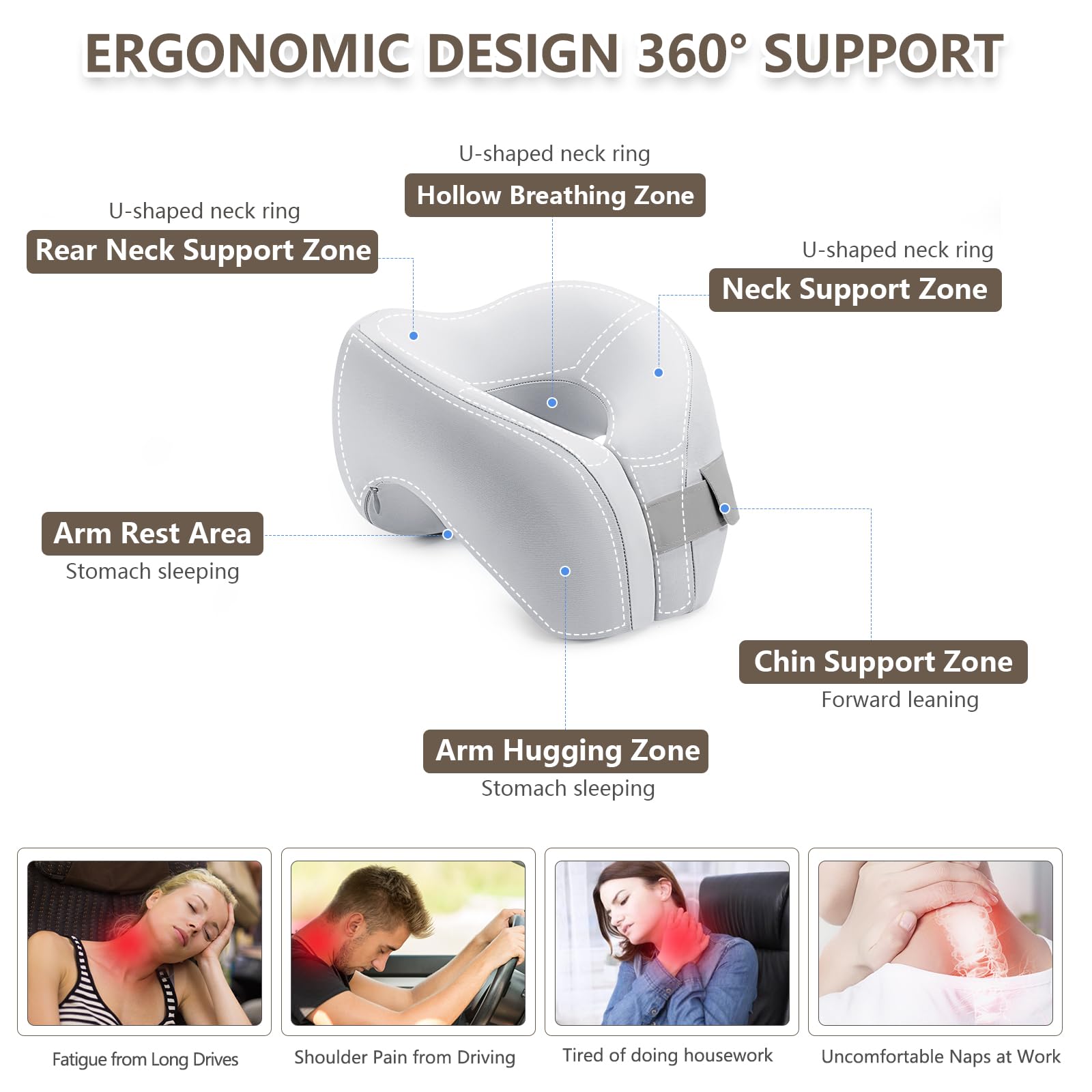 2in1 Ergonomic Memory Foam Travel Neck Pillow - 2025 Upgraded Support for Airplane, Car & Train Travel | Adjustable Velcro Strap & Drawstring Bag (Gray) | Perfect for Sleeping Upright on Flights, Road Trips & Commuting