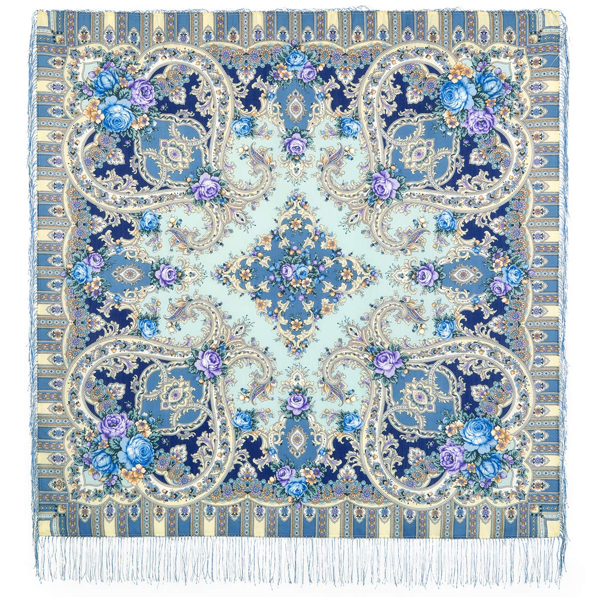 100% Wool Pavlovo Posad Russian Shawl - Blue Traditional Floral Scarf 50x50 inches (125x125 cm) - Perfect for Winter Fashion, Gift Giving & Cultural Events