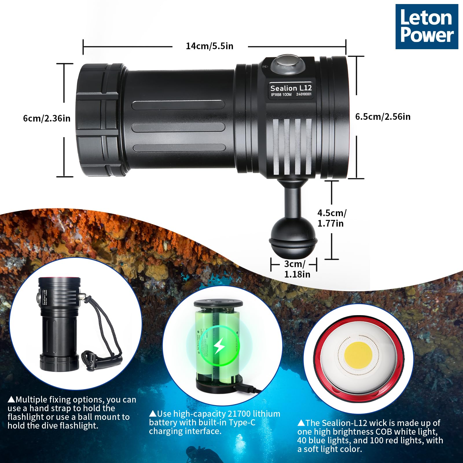 8000 Lumens Professional Diving Flashlight L12 - 100m Waterproof Scuba Light with Type-C Charging - Perfect for Underwater Photography, Cave Diving & Night Snorkeling