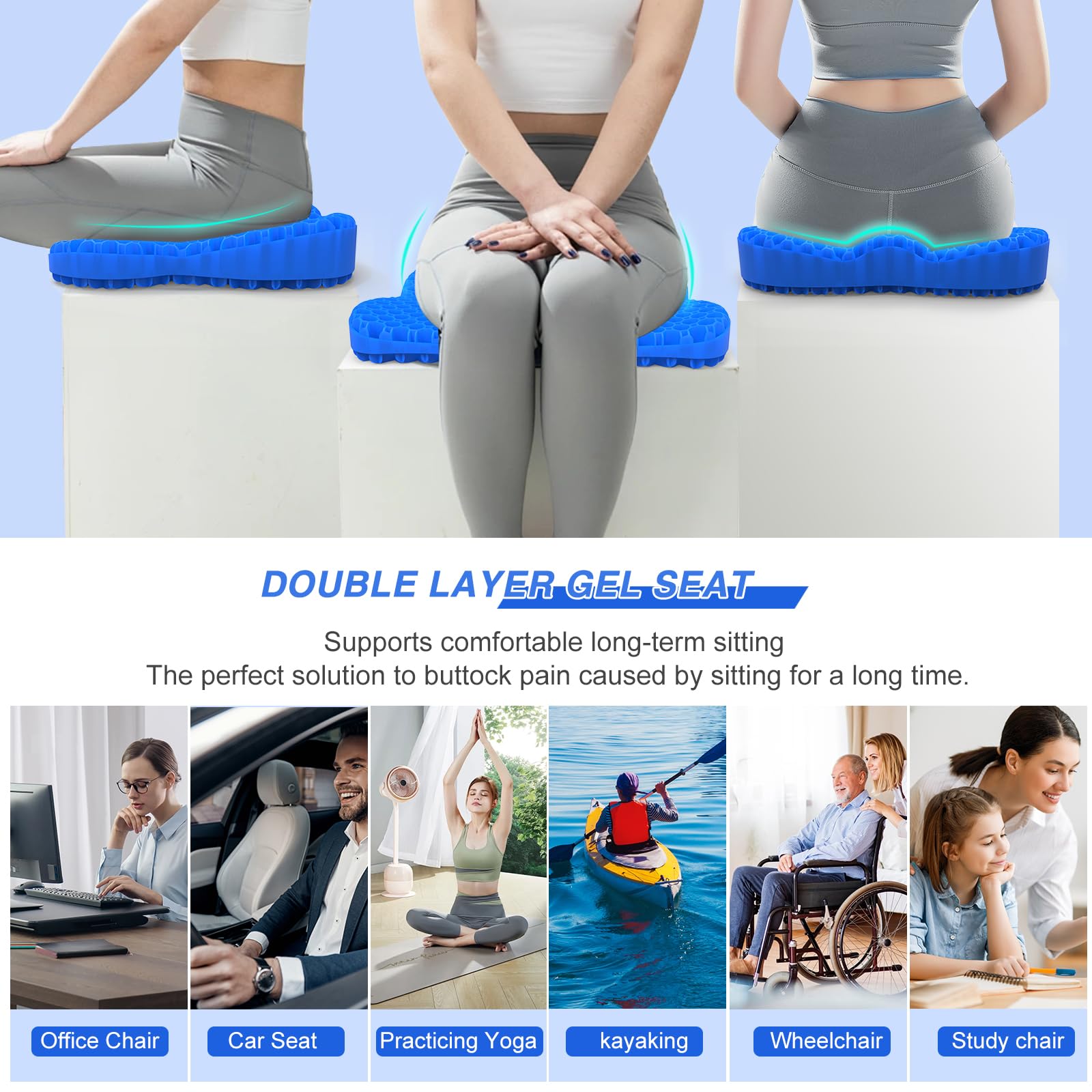 Gel Seat Cushion for Office Chair & Wheelchair - Thickened Orthopedic Support for Back Pain, Sciatica & Tailbone Relief - Comfortable Car, Kayak & Travel Seat Pad for Long Sitting - Perfect for Work, Driving & Outdoor Activities