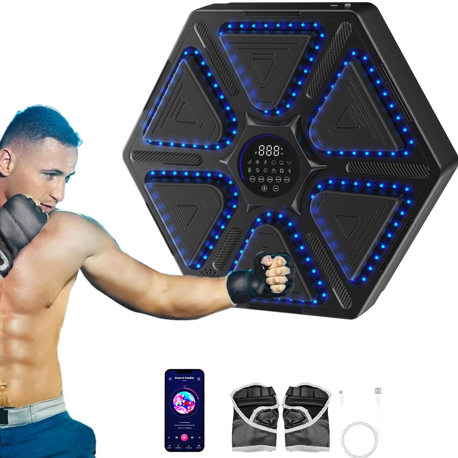 Music Boxing Machine with Gloves - 10 Speed Levels & 4 Training Modes, LED Display Wall Mounted Punching Bag for Home Gym - Perfect for Adults & Kids Fitness, Stress Relief & Cardio Workout