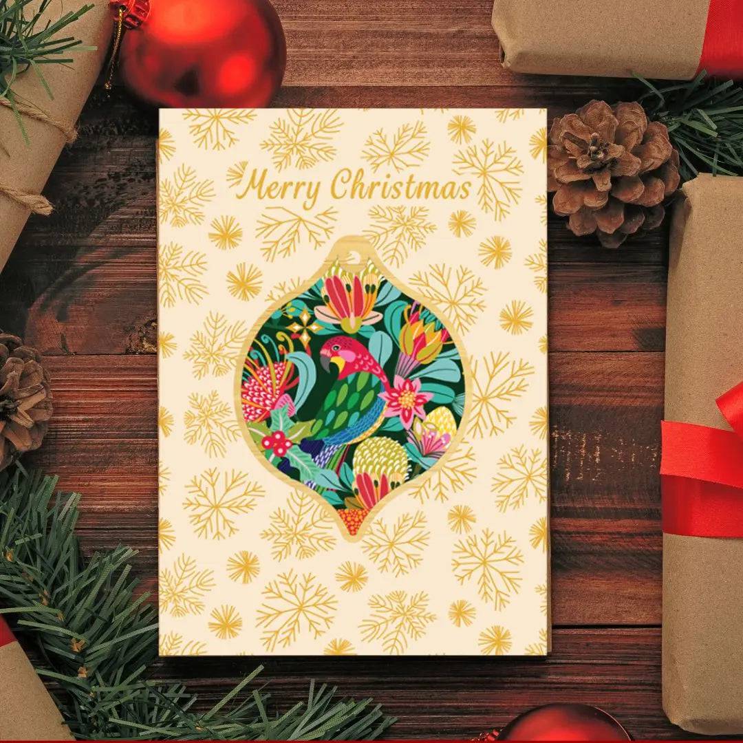 Australian Christmas Card & Rosella Bauble - Handmade Holiday Greeting Cards with Native Bird Ornaments for Christmas Tree Decorations & Festive Gifting
