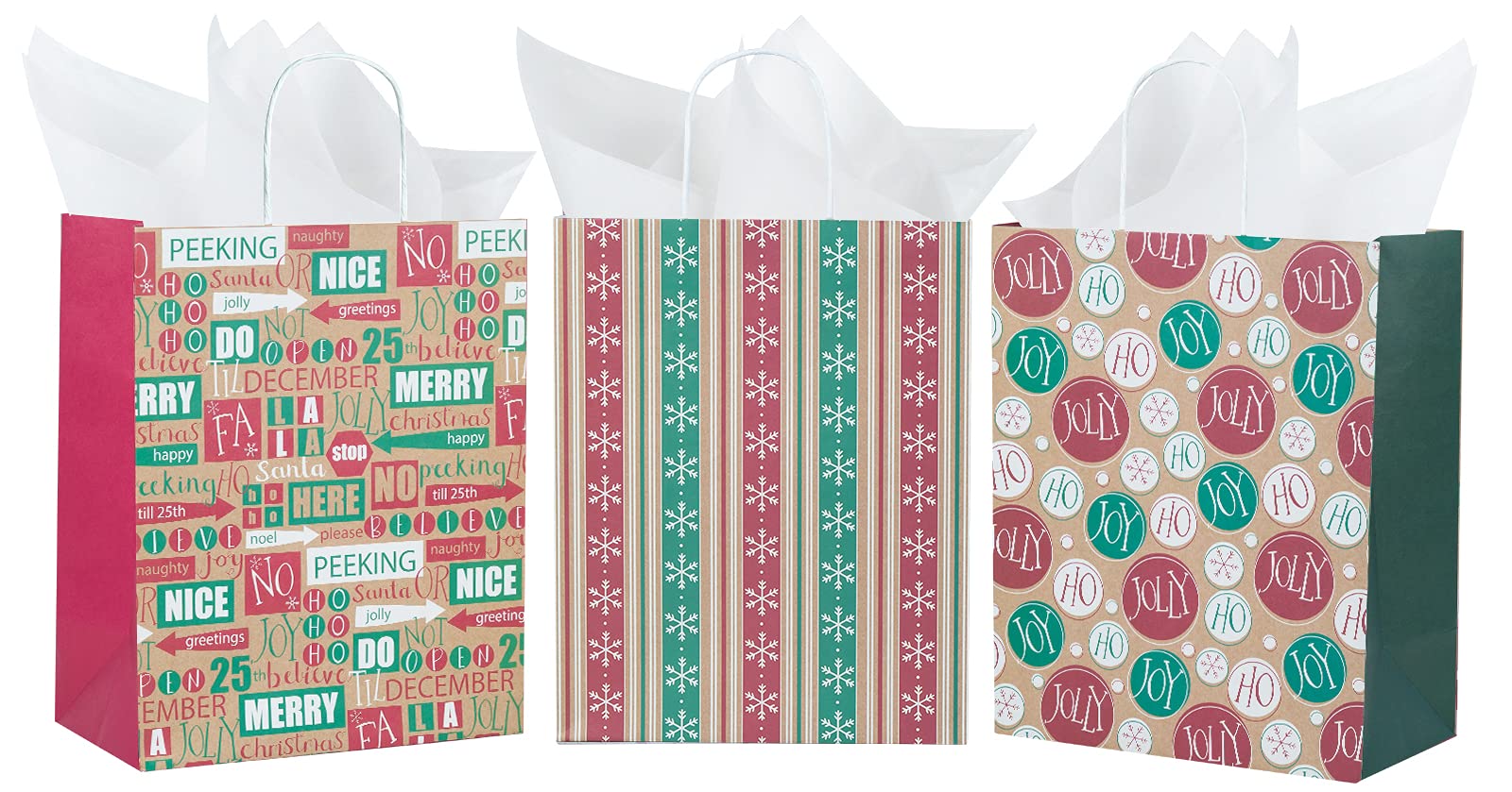 Festive Christmas Gift Bags with Stripes & Snowflakes Design - 3 Pack Holiday Present Bags with 9 Sheets Decorative Tissue Paper - Perfect for Xmas Parties, Birthday Gifts, Shopping & Special Occasions - Great for Holiday Wrapping, Secret Santa & Office Gift Exchanges