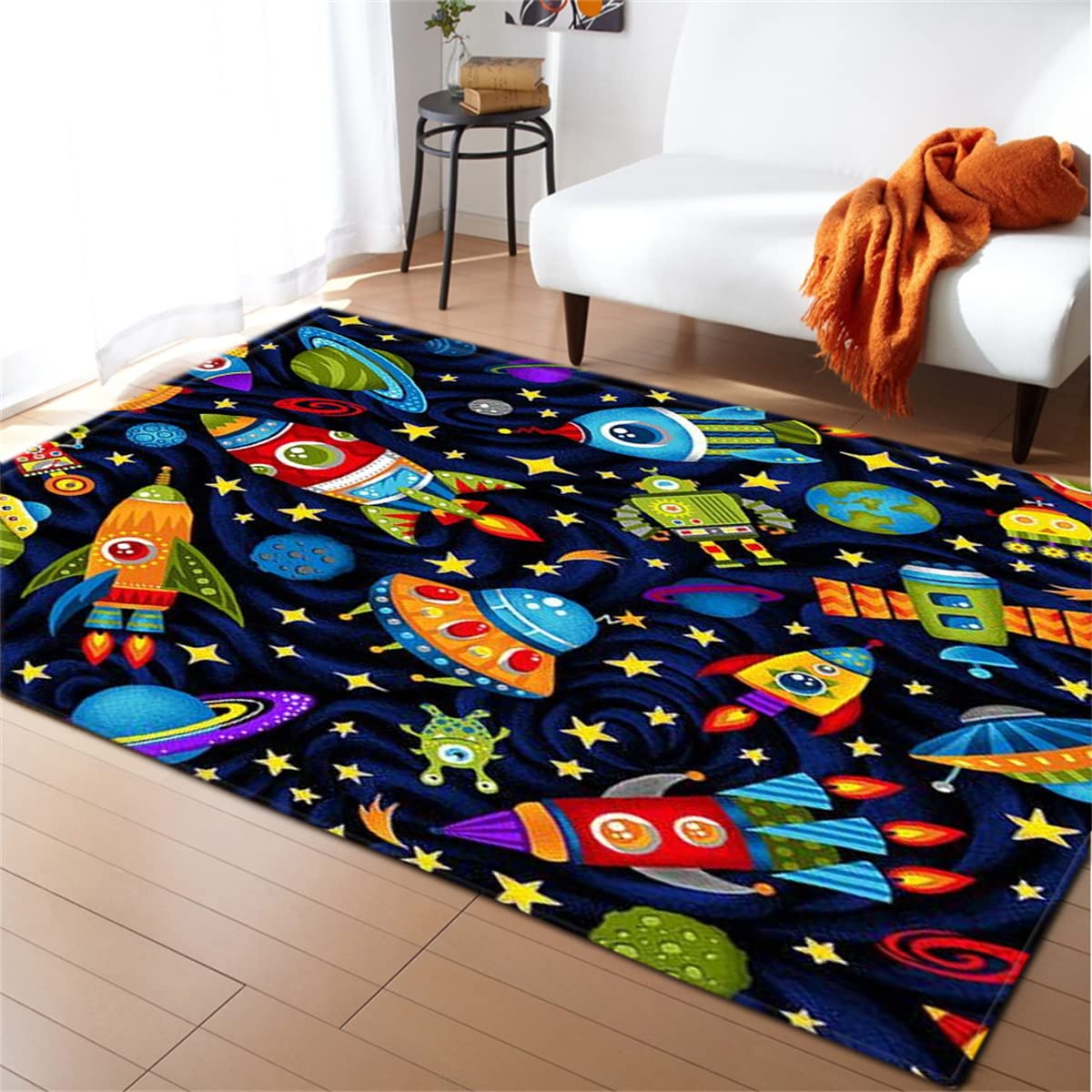 5x8ft Cartoon Spaceship Kids Play Rug - Non-Slip Children's Crawl Mat for Nursery, Playroom & Bedroom | Soft Floor Carpet for Living Room, Dining Room, Office & Home Decor | Durable Large Area Rug for Toddler Playtime & Modern Interior Design