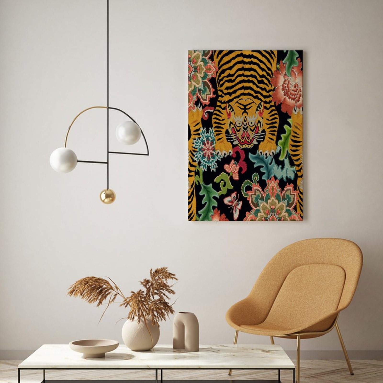 Vibrant Tiger & Chinoiserie Floral Canvas Wall Art - Asian Style Framed Print Decor for Living Room, Bedroom, Office - Ready to Hang 8x12 Inch - Perfect for Home Decor, Housewarming Gifts & Interior Design