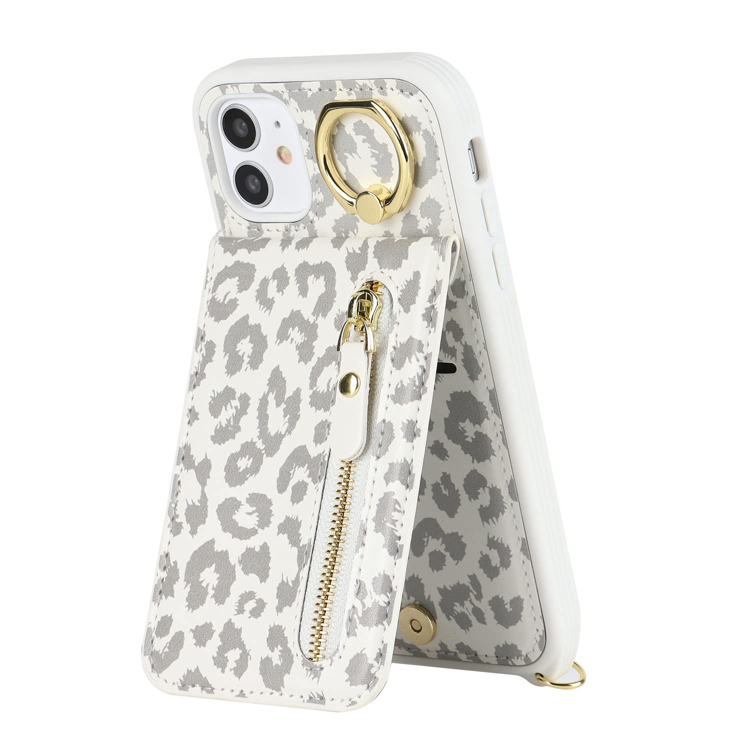 Premium Shockproof iPhone 11 Case with Card Holder & Crossbody Strap - Wallet Phone Case with Kickstand & Zipper Closure for Women | Perfect for Travel, Shopping & Everyday Use (White Leopard Design)