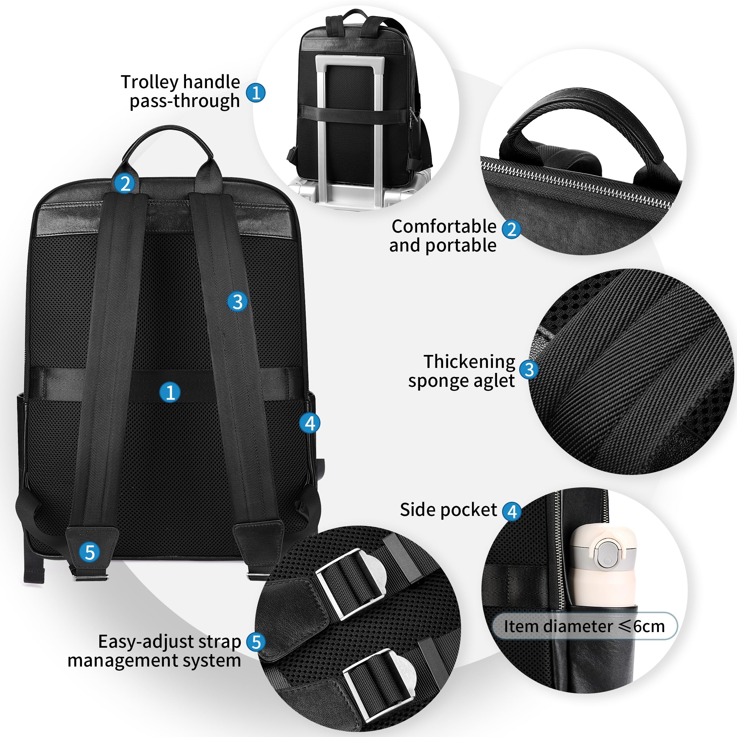 Premium Genuine Leather Backpack for Men - 17.3 Inch Laptop Compartment, 30L Business Travel Backpack (Black) - Ideal for Work Commute, College & Business Trips