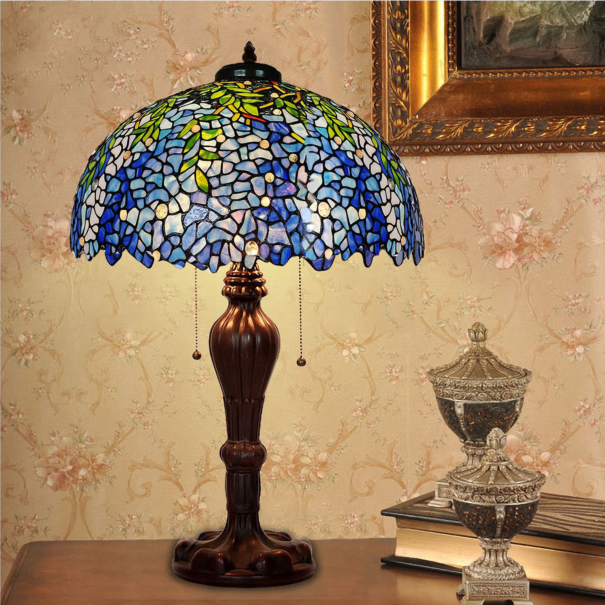 Tiffany Style Stained Glass Purple Wisteria Table Lamp - 16 Inch Handmade Zinc Alloy Base with Brown Round Shade | Elegant Home Decor for Living Room, Bedroom & Office Lighting