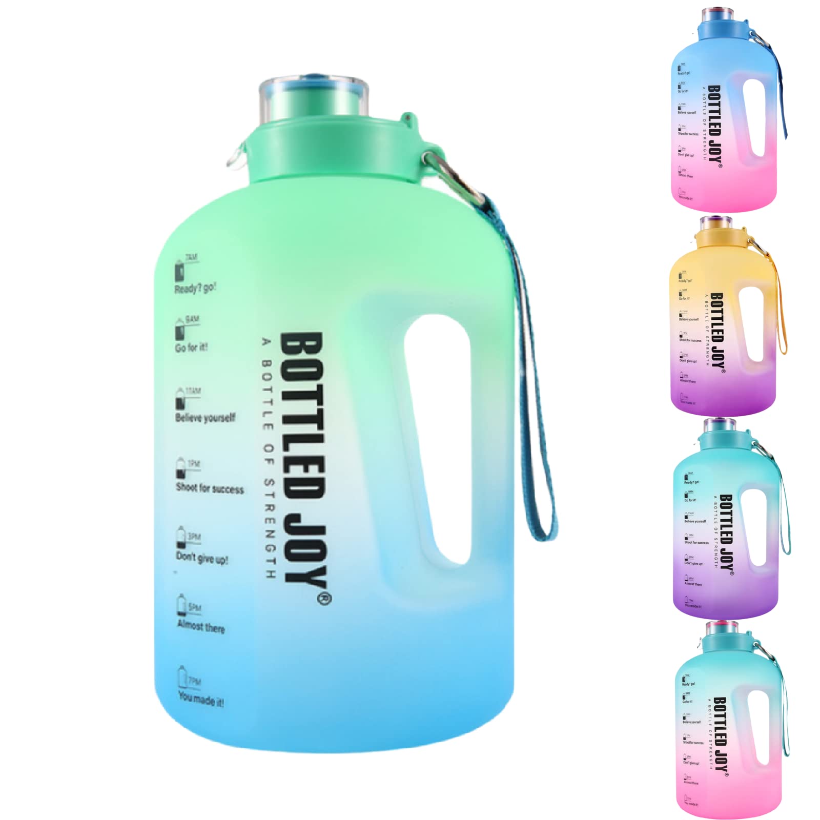 BOTTLED JOY 85OZ Half Gallon Water Bottle with Time Marker - BPA Free, Leakproof, Eco-Friendly Motivational Water Jug for Gym, Hiking & Workouts - Green and Blue