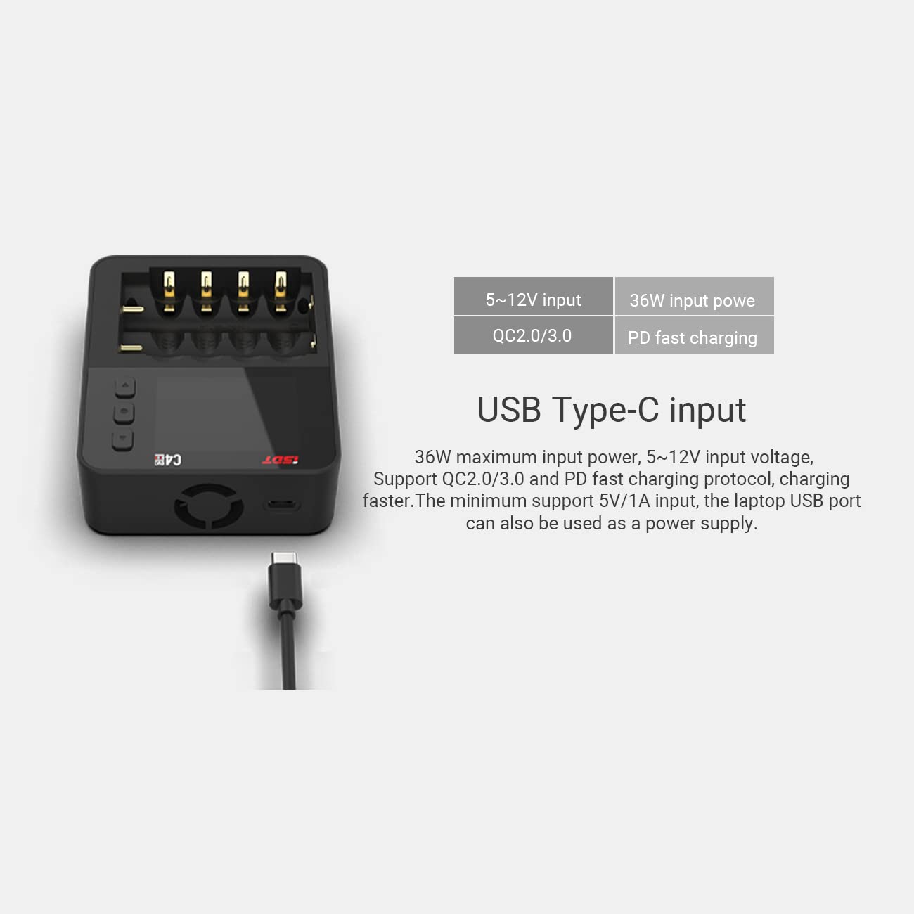 ISDT C4 EVO 6-Bay Smart Battery Charger for AA/AAA Li-ion NiMH Rechargeable Batteries - Fast Type-C QC3.0 Charging with LCD Display | Home Use, Travel, Emergency Power Supply, RC Toys, Flashlights