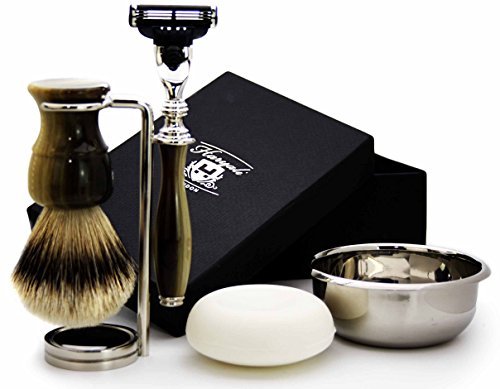 5-Piece Men's Shaving Kit with 3-Blade Razor, Silver Tip Badger Hair Shaving Brush, Stand, Soap & Bowl - Premium Grooming Set for Smooth Shaving at Home or Travel