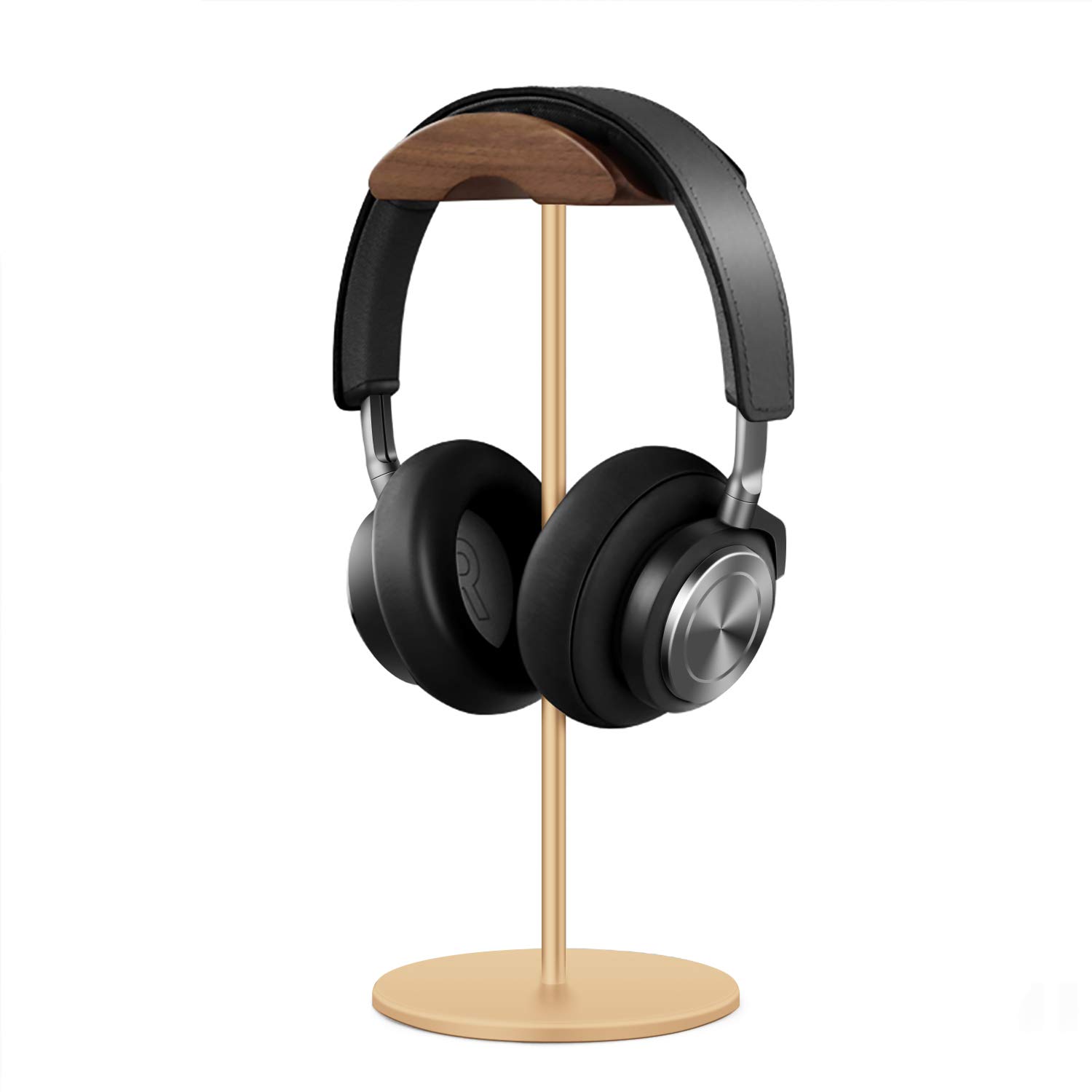 Premium Walnut Wood & Aluminum Headphone Stand - Sturdy Gaming Headset Holder with Heavy Base for All Headphone Sizes (Gold) | Perfect for Desk Organization & Gaming Setup Accessories