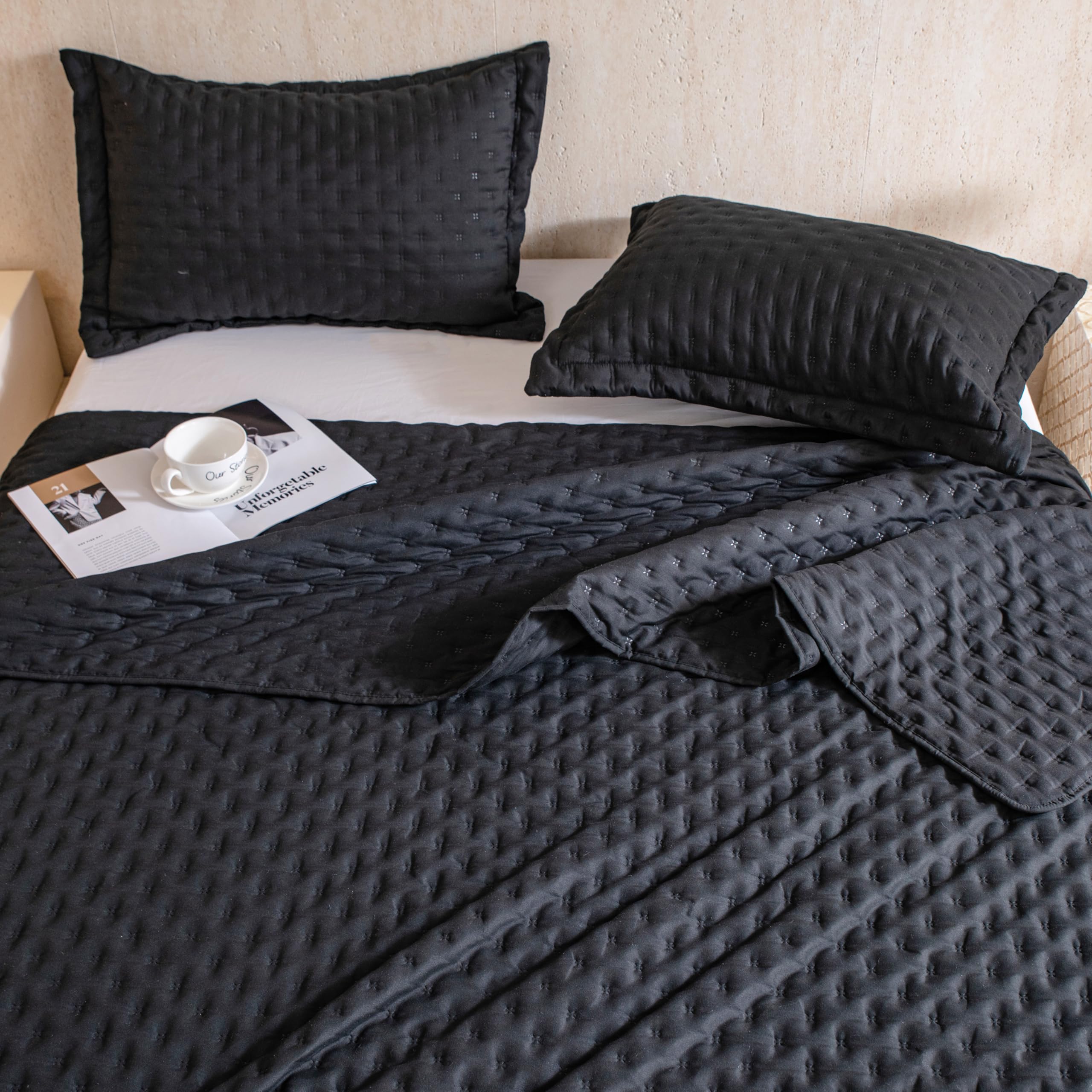 DOWNCOOL Black Queen Size Quilt Bedding Set - 3 Piece Ultra Soft Lightweight Microfiber Bedspread Coverlet (90