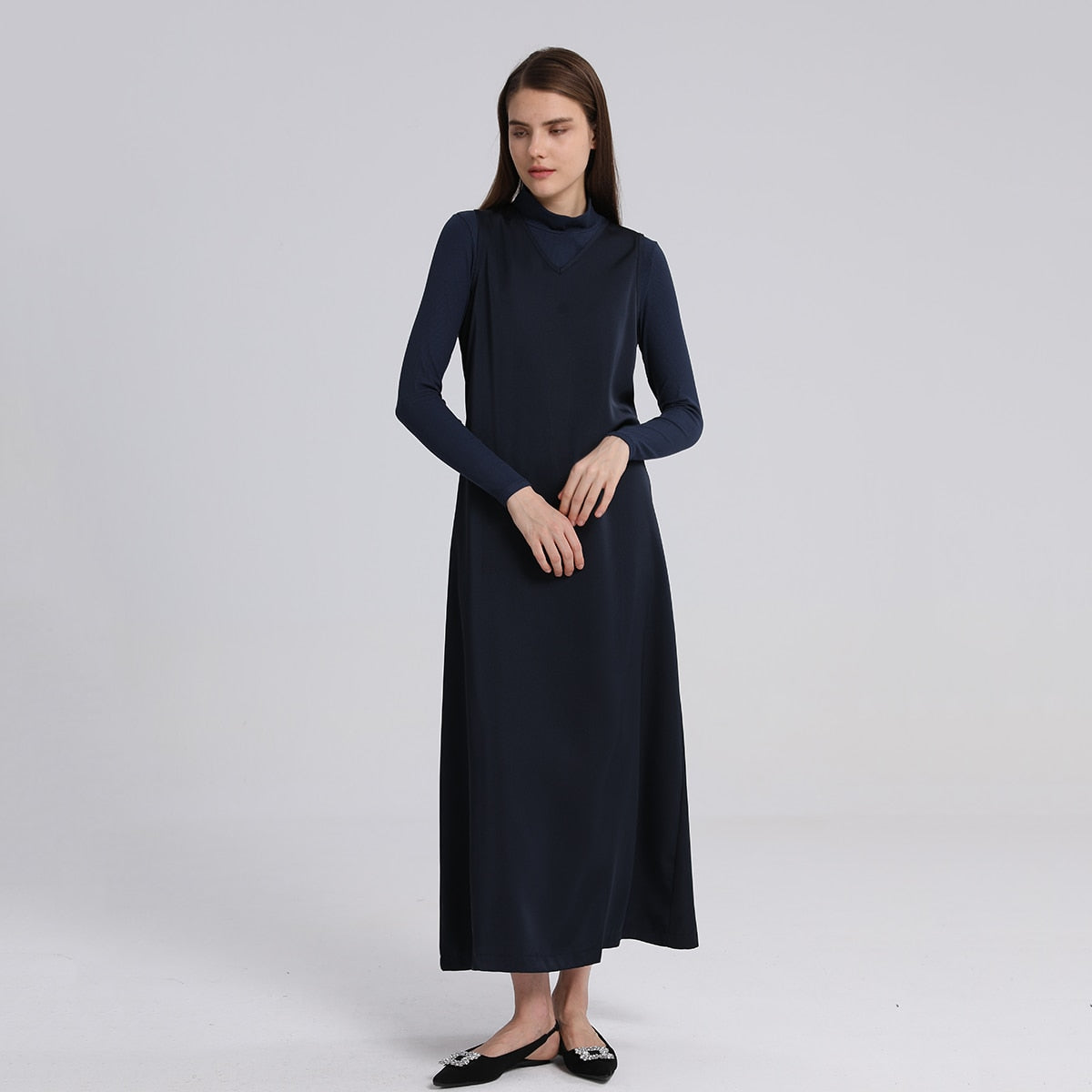 Lovevop Women's V-Neck Satin Maxi Dress & Ribbed Modal Mock Neck Top | 2024 Fall Fashion Elegant Evening Dress | Available in 3 Colors | Perfect for Weddings, Parties & Special Occasions