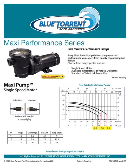 Blue Torrent Maxi Force 1HP Single Speed Energy Efficient Above Ground Swimming Pool Pump – Perfect for Backyard Pools, Inflatable Pools & Water Circulation