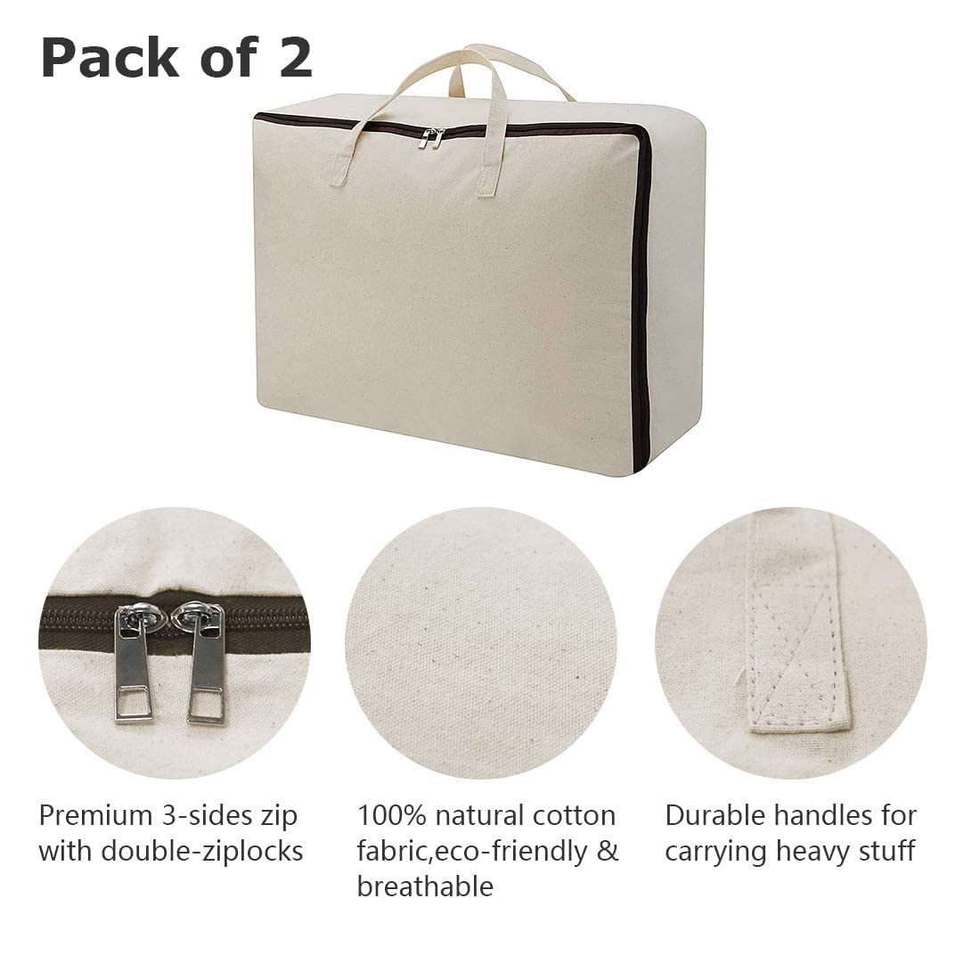 Beige Canvas Storage Bags Set - 3-Piece Breathable Fabric Organizer for Closet, Shelves & Travel (1 XL + 2 Large Bags) - Perfect for Clothes, Blankets & Seasonal Storage