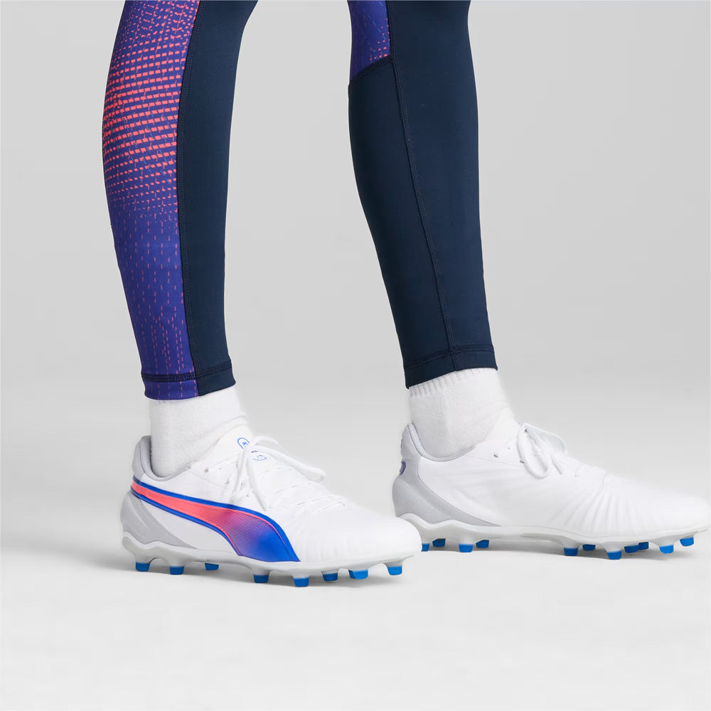 Puma King Match FG/AG Soccer Cleats for Men - White/Bluemazing/Light Grey Football Shoes - Perfect for Artificial Grass & Firm Ground Matches
