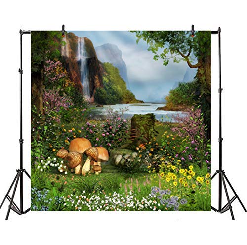 Baocicco 4x4ft Fantasy Photography Backdrop - Enchanted Fairyland Landscape with Waterfall, Green Grass & Wild Flowers | Perfect for Wedding, Birthday, Kids Tea Party, Princess Portraits & Sprite Themed Events