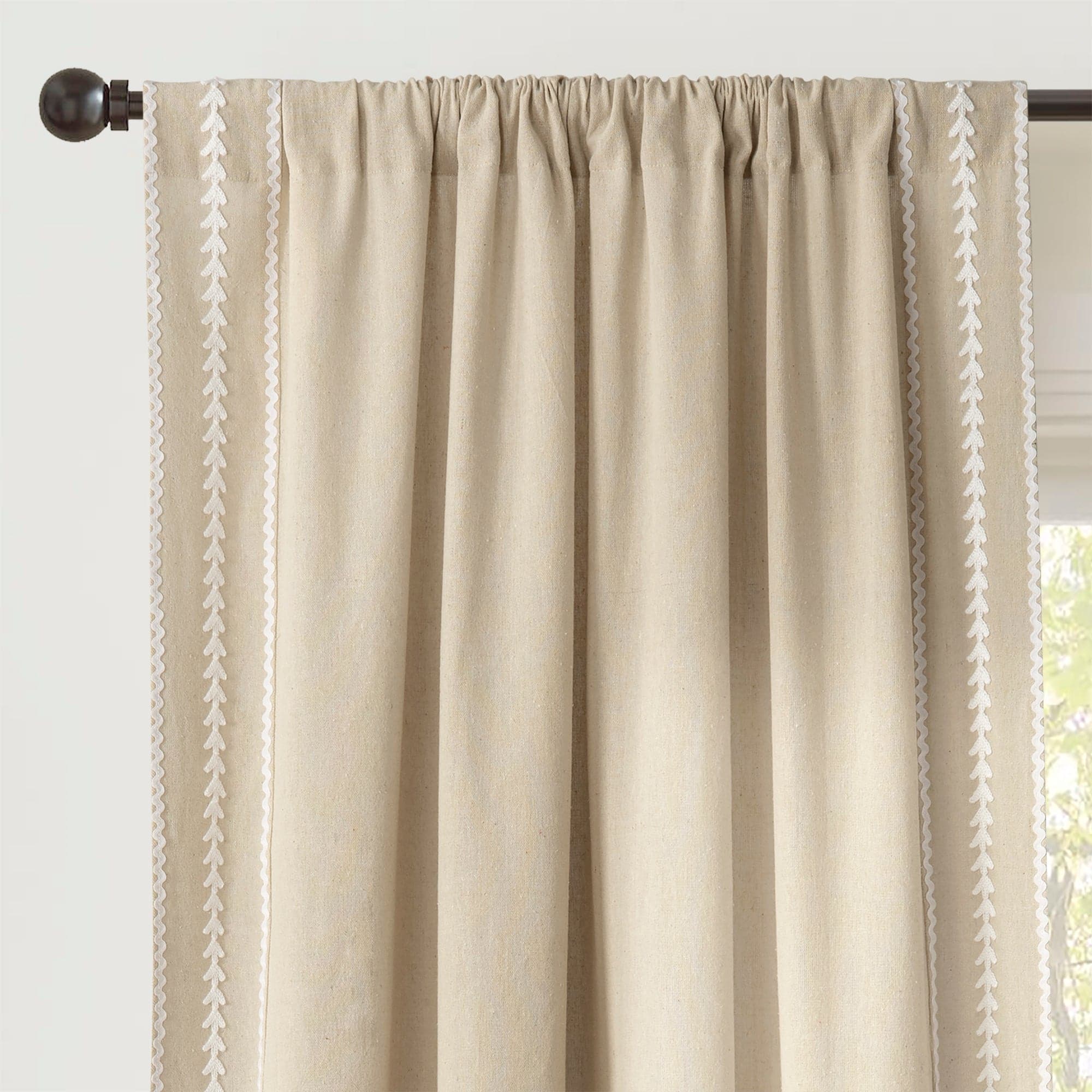 Olivia Ric Rac Embroidery Border Window Curtain Panel - Elegant Lace Trimmed Drapes for Living Room, Bedroom & Kitchen Decor