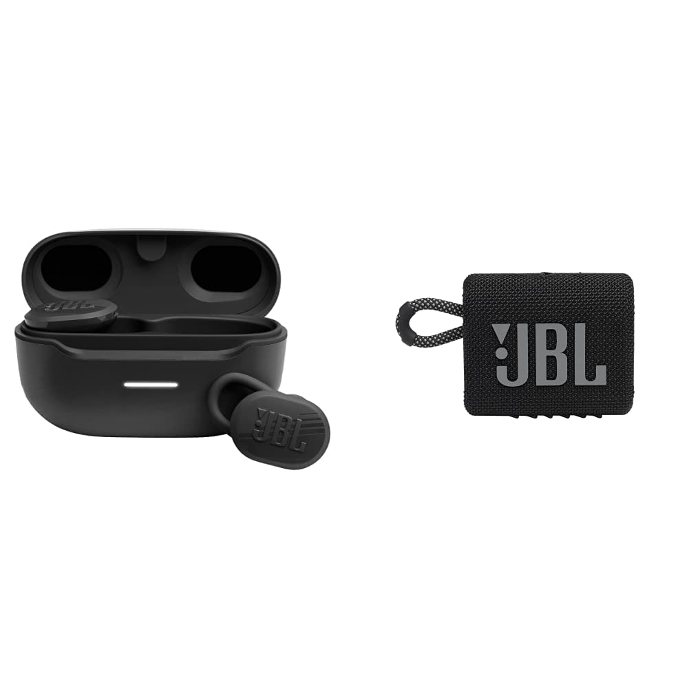JBL Endurance Race Waterproof True Wireless Sport Earbuds with Mic, 30H Battery Life & JBL Go 3 Portable Bluetooth Speaker - Black | Perfect for Running, Gym Workouts, Poolside Parties & Outdoor Adventures