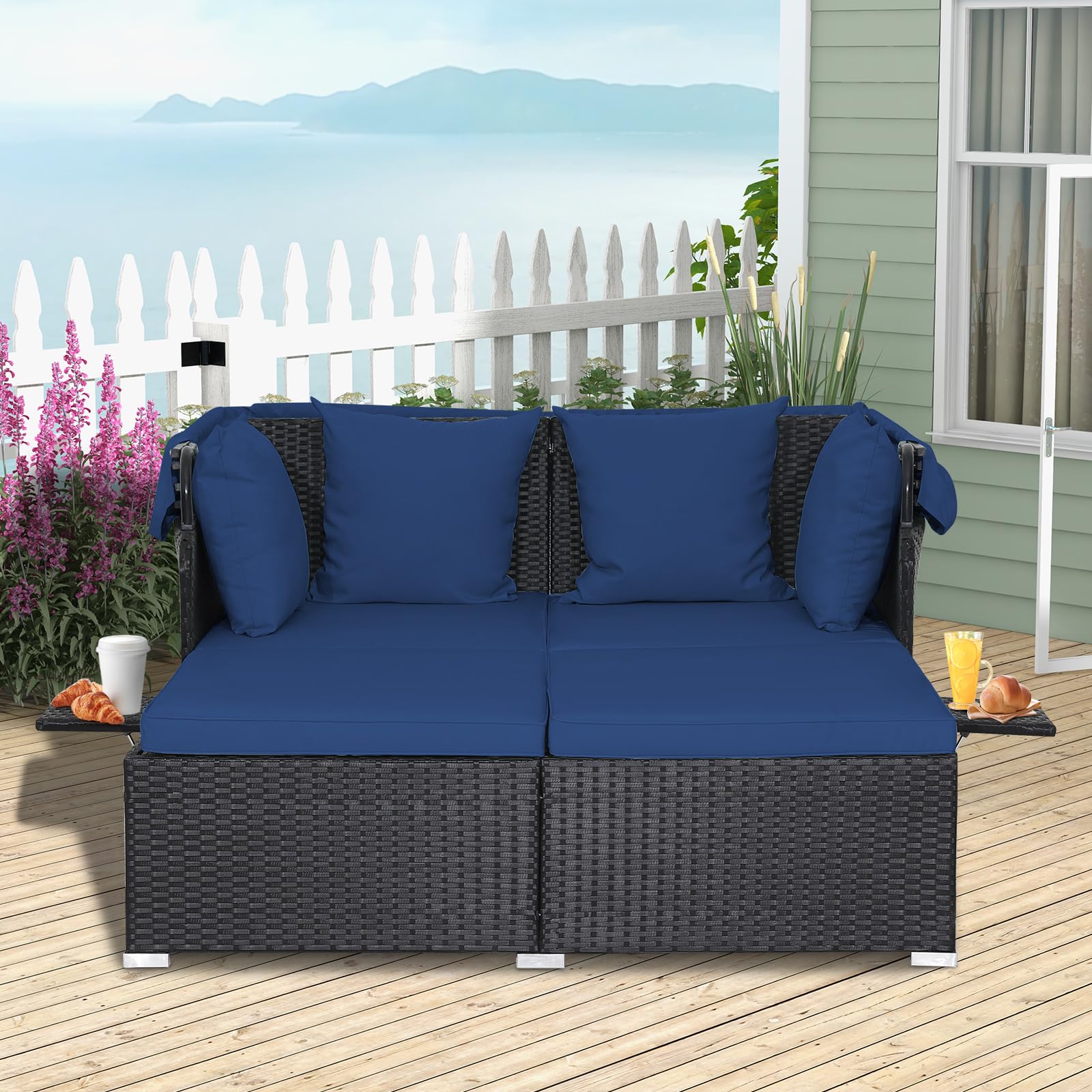 RELAX4LIFE Outdoor Daybed with Canopy - 2-Person Rattan Wicker Sunbed with Cushions, 4 Pillows & Retractable Side Trays - Perfect for Poolside, Porch, Garden, or Patio Lounge (Navy Blue)
