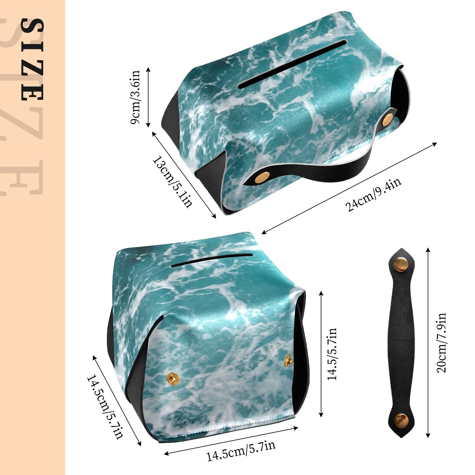 Turquoise Ocean Wavy Surface Leather Tissue Box Cover with Handle - 5.7x5.7x5.7 Inch Square Design for Bathroom, Home, Office & Car - Perfect for Nightstands, Vanity Countertops and Desks - Water Splash Close-Up Texture