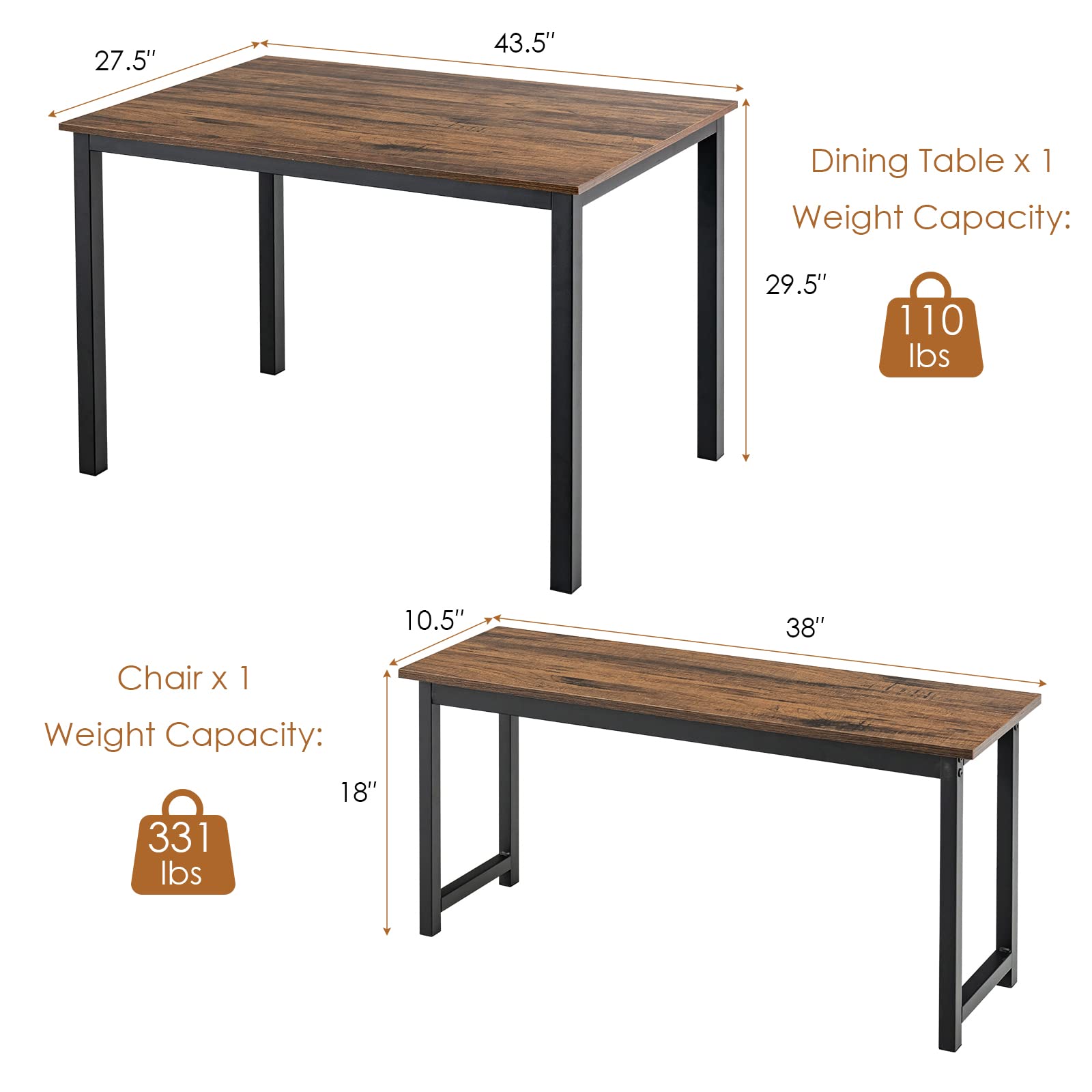 Modern 3-Piece Dining Table Set for 4 with 2 Benches - Space-Saving Kitchen & Dining Room Furniture in Brown - Perfect for Small Apartments, Breakfast Nooks & Cozy Family Meals