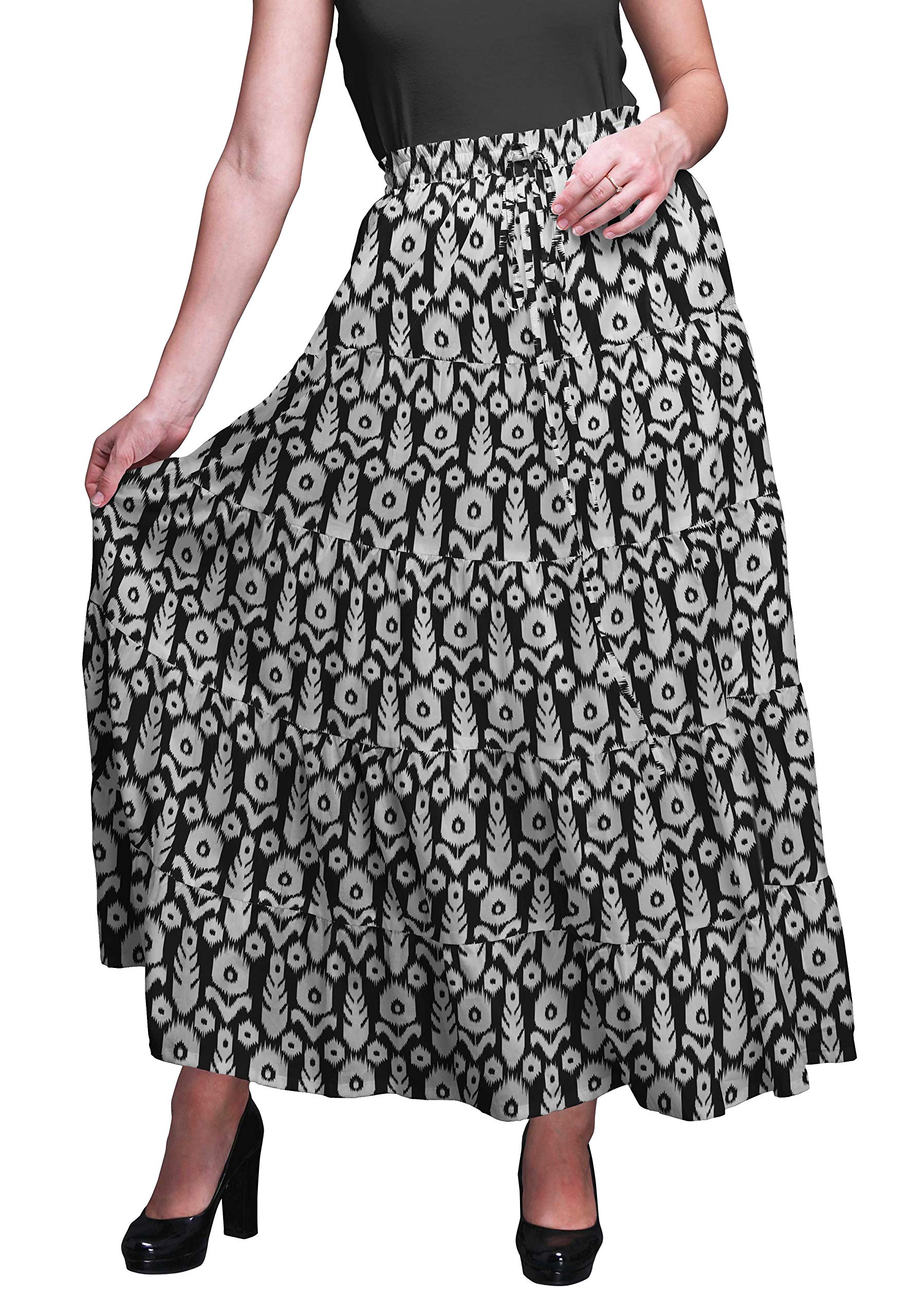 Boho Printed Long 5-Tier Cotton Skirt for Women - Flowy Maxi Skirt with Elastic Waistband for Summer, Beach, Music Festivals & Casual Outings