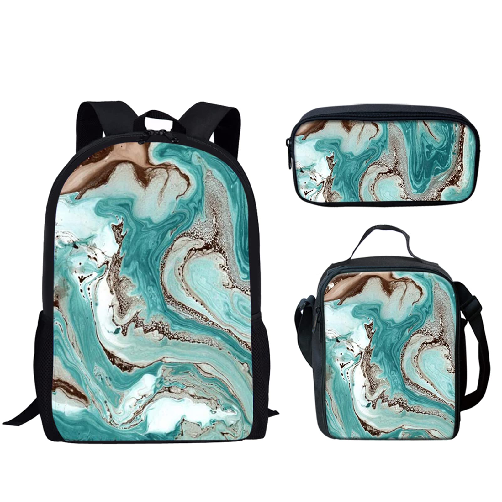 **Forchrinse Teal Marble Kids Backpack for Teen Boys & Girls - Durable School Bookbag with Lunch Box & Pencil Bag (3Pcs Set) - Perfect for School, Travel & Daily Use**