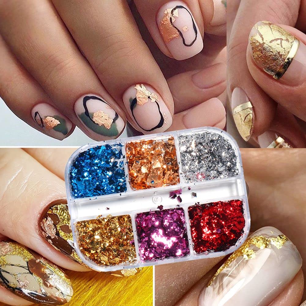 6 Grids DIY Manicure Irregular Mirror Sparkly Nail Sequins & Foils - Luxury Nail Glitter Flakes for Acrylic Nails, Gel Polish, Nail Art Designs & Home Salon Decor