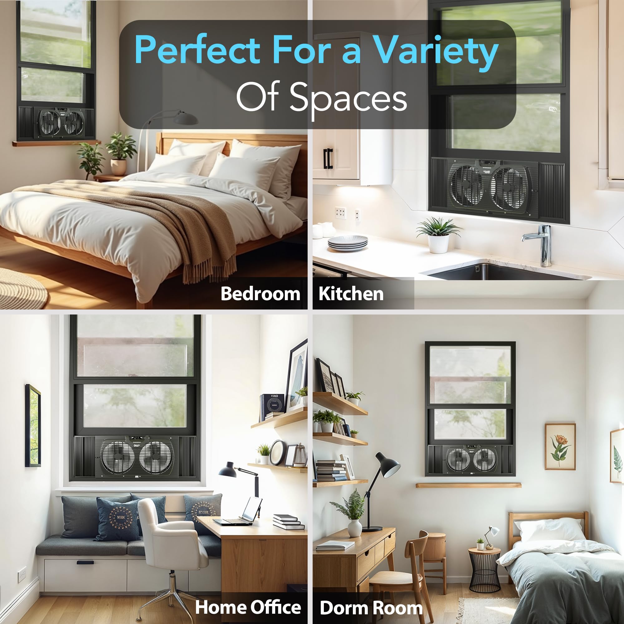 9 Inch Dual Window Fan with 3 Speed Settings - Auto-Locking Expanders & Removable Bug Screen - Quiet Cooling for Bedroom, Office & Home - Black (Ideal for Summer Cooling & Air Circulation)