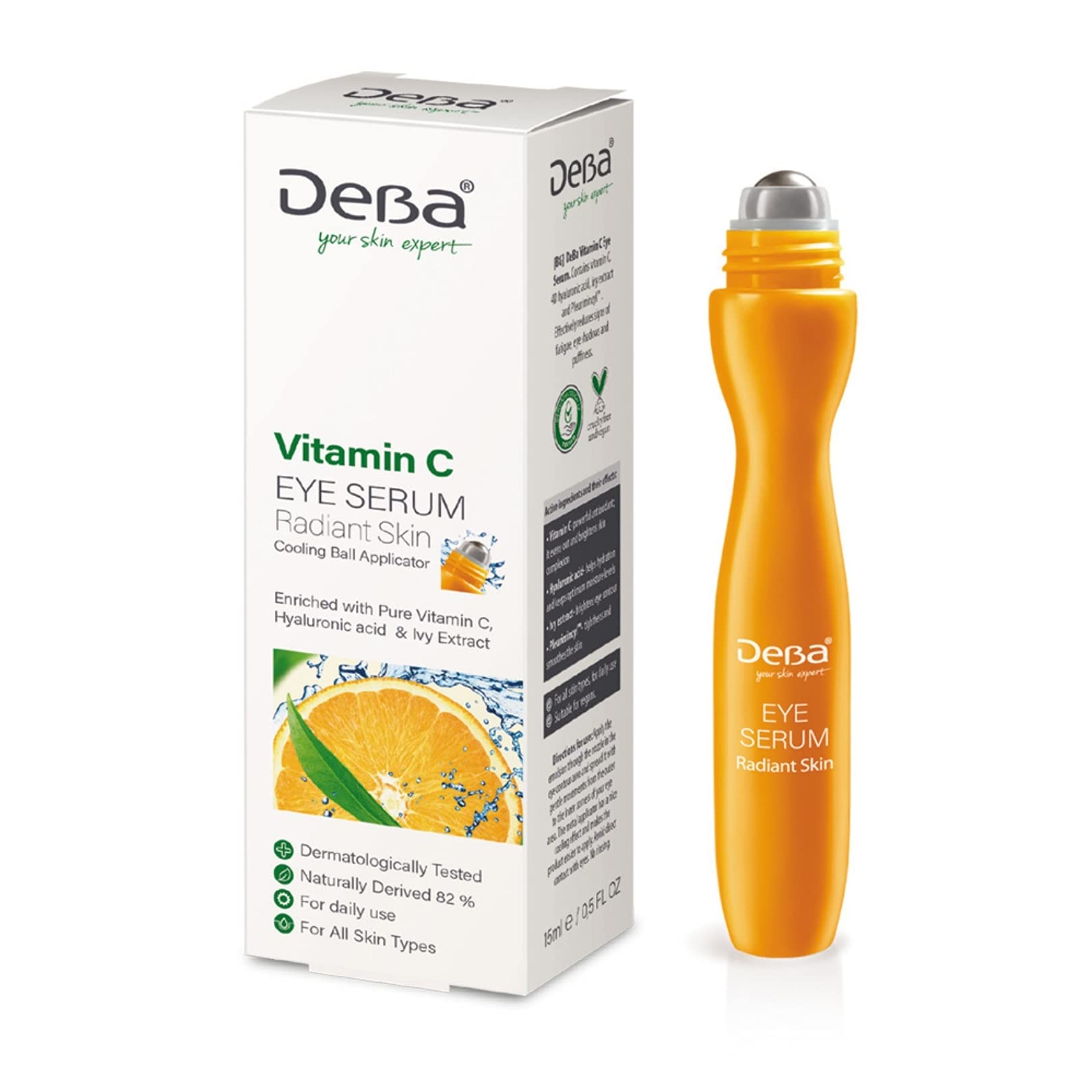 DeBa Vitamin C Eye Serum for Dark Circles & Puffiness - Brightening Under Eye Treatment with Pure Vitamin C, Hyaluronic Acid & Ivy Extract - Day & Night Use for Radiant Skin