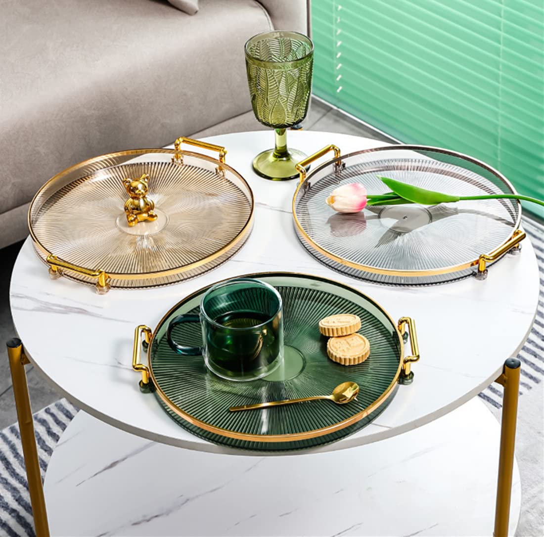 Modern Round Plastic Decorative Tray with Gold Handles - 11.61 Inch Serving Tray for Jewelry, Makeup & Perfume Storage | Vanity Organizer & Home Decor Display | Perfect for Bathroom Countertops, Dresser Tops & Coffee Table Decor